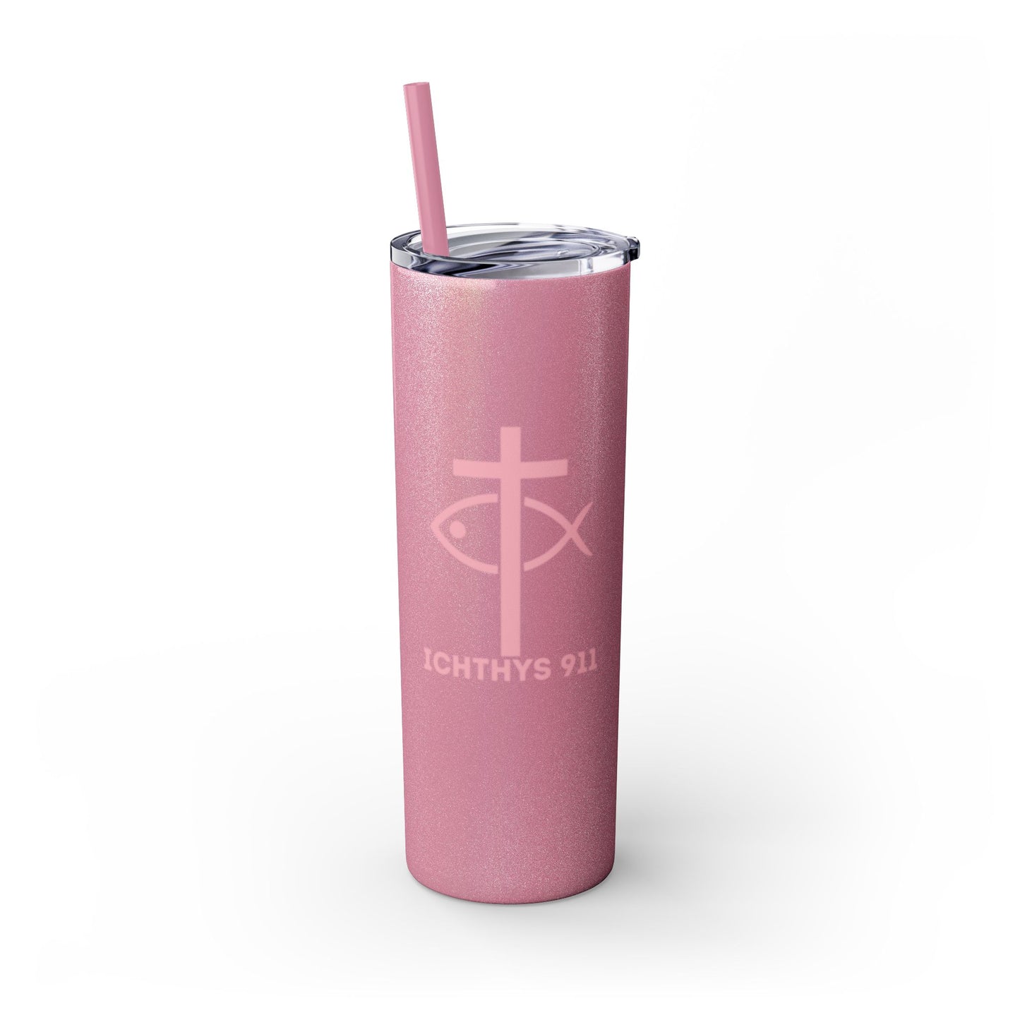 ICHTHYS 911 Pink & Blue Faith-Inspired Skinny Tumbler with Straw - 20oz Baby Shower Drip - Party Favor