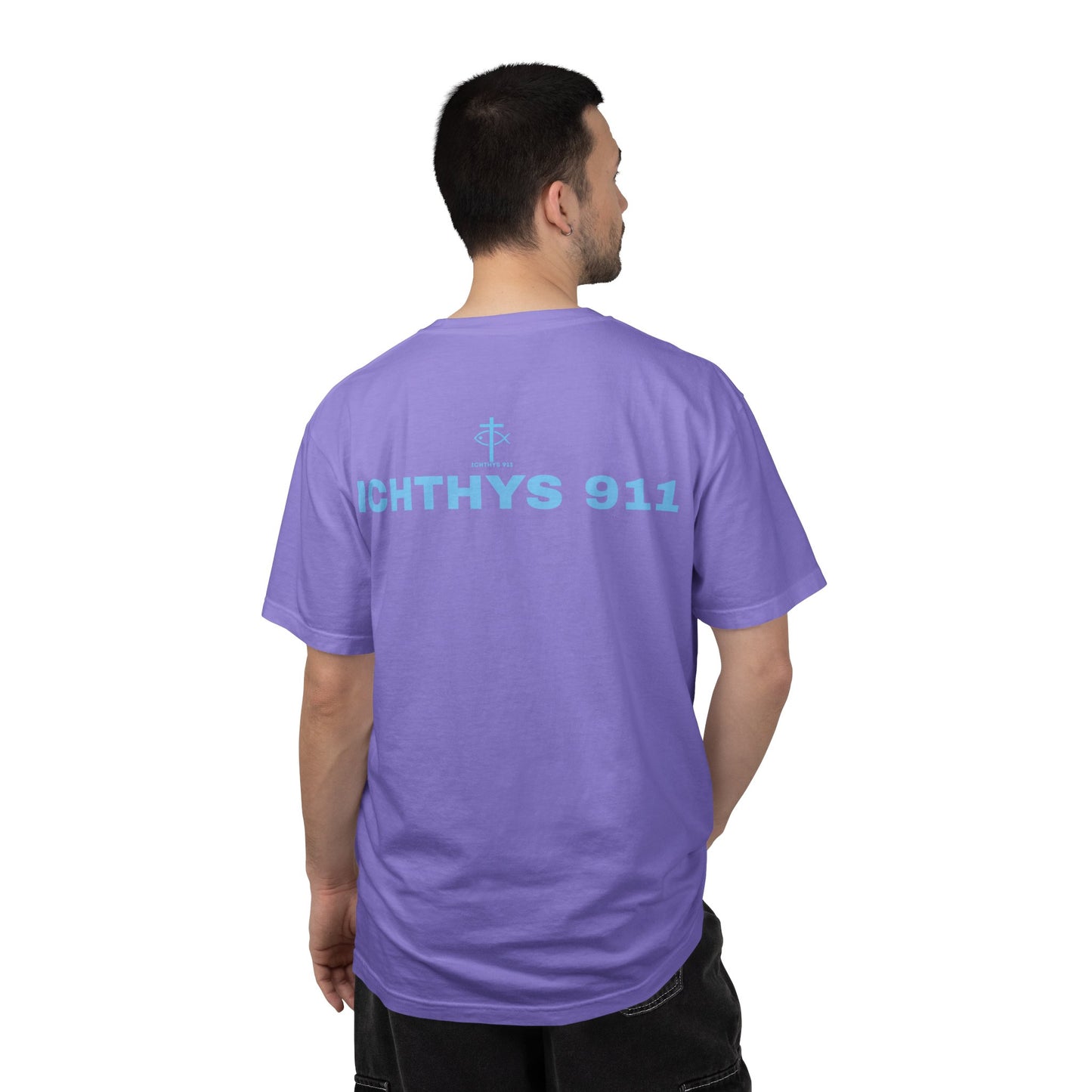 Authentic - Christian Streetwear T-Shirt – Jesus Gym & Faith Fashion, Unisex Garment-Dyed T-Shirt Blue Font - ICHTHYS 911