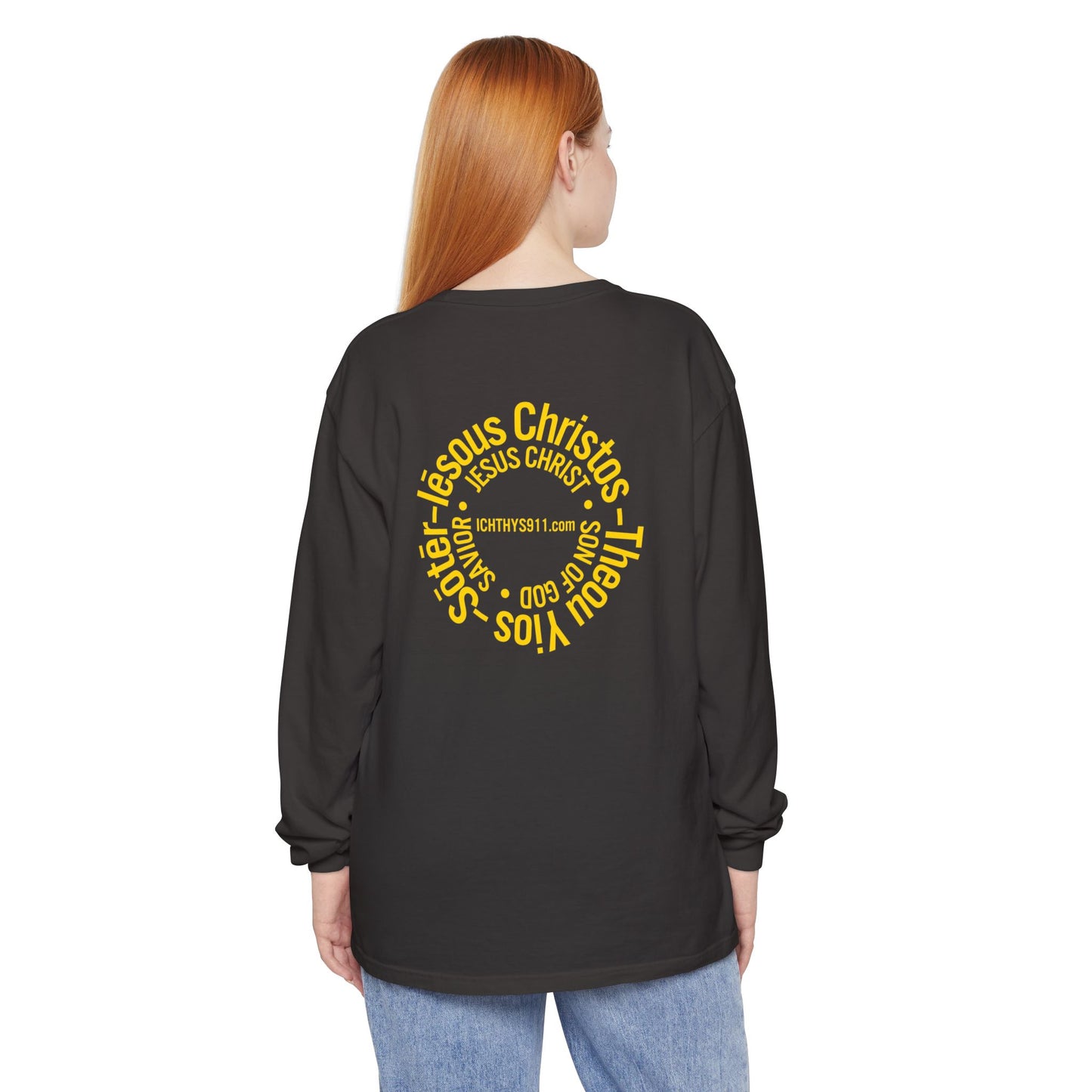 Authentic ICHTHYS 911 Collection -  Gold Font - Unisex Garment Dyed Long Sleeve T-Shirt - Men Long Sleeve - Women Long Sleeve - Christian Faith Symbol Tee - Faith Inspired