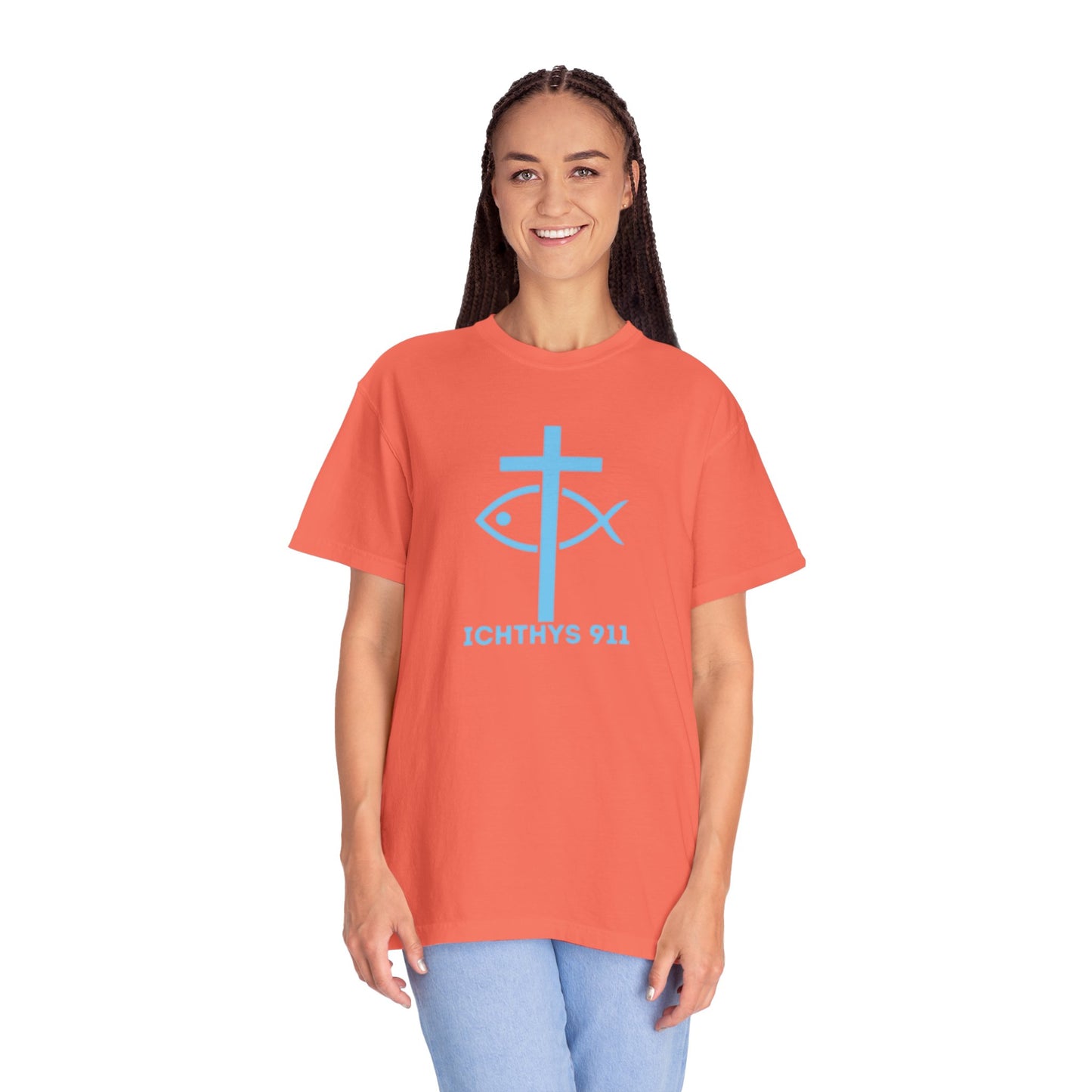 Jesus Christ Son of God Savior - Blue Font - Christian Streetwear T-Shirt – Jesus Gym & Faith Fashion, Unisex Garment-Dyed T-Shirt- ICHTHYS 911