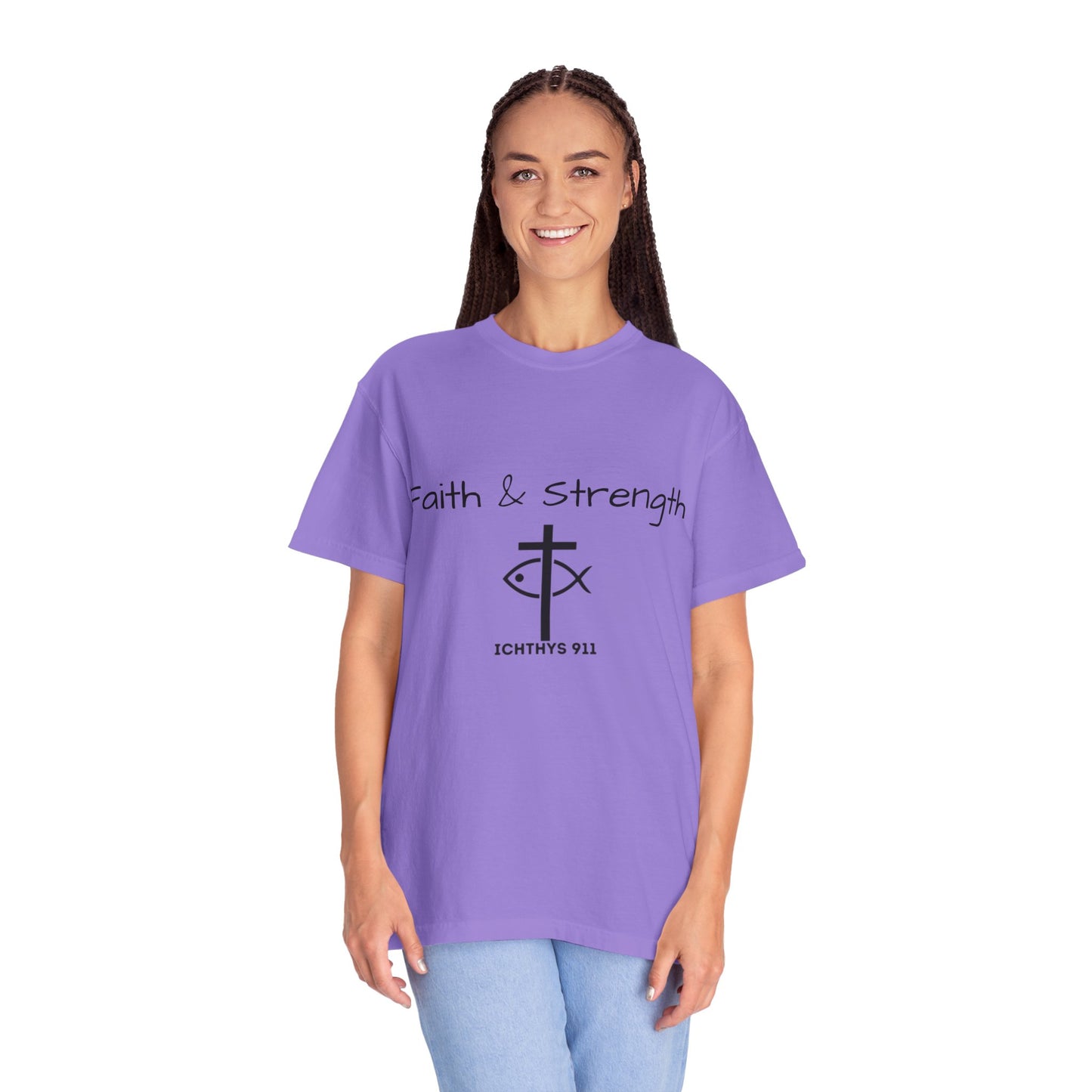 ICHTHYS 911 "Faith & Strength" Reverse - Black Font - Unisex Garment -Dyed Tee - 100% US Cotton - Men T-Shirt - Women T-Shirt - Inspirational Christian Shirt - Very Good Quality and Feel
