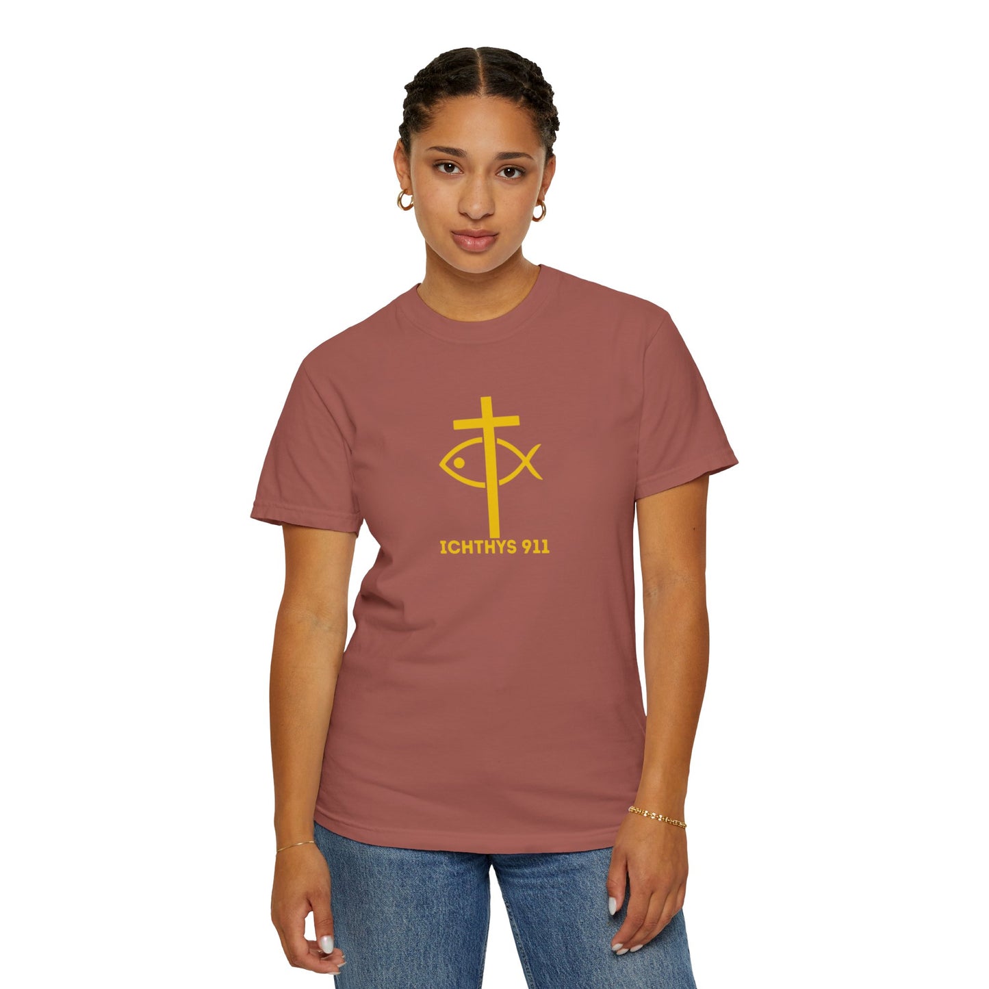 ICHTHYS 911 Gold Font "Faith, Hope, & Love" - Unisex Garment Dyed T-Shirt - 100# US Cotton - Men T-Shirt - Women T-Shirt - Christian T- Shirt -Faith-Inspired Shirt - Christian Fashion - Wear Your Faith