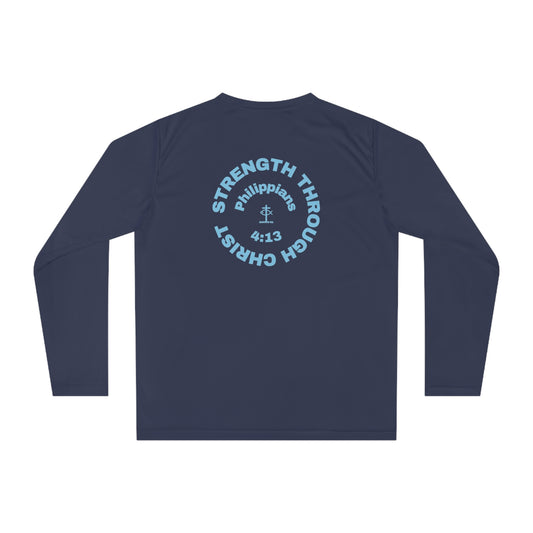 ICHTHYS 911 "Strength Through Christ Philippians 4:13" - Blue Font - Unisex Performance Long Sleeve Shirt - Men - Women - 100% Moisture-Wicking Poly - Christian Activewear
