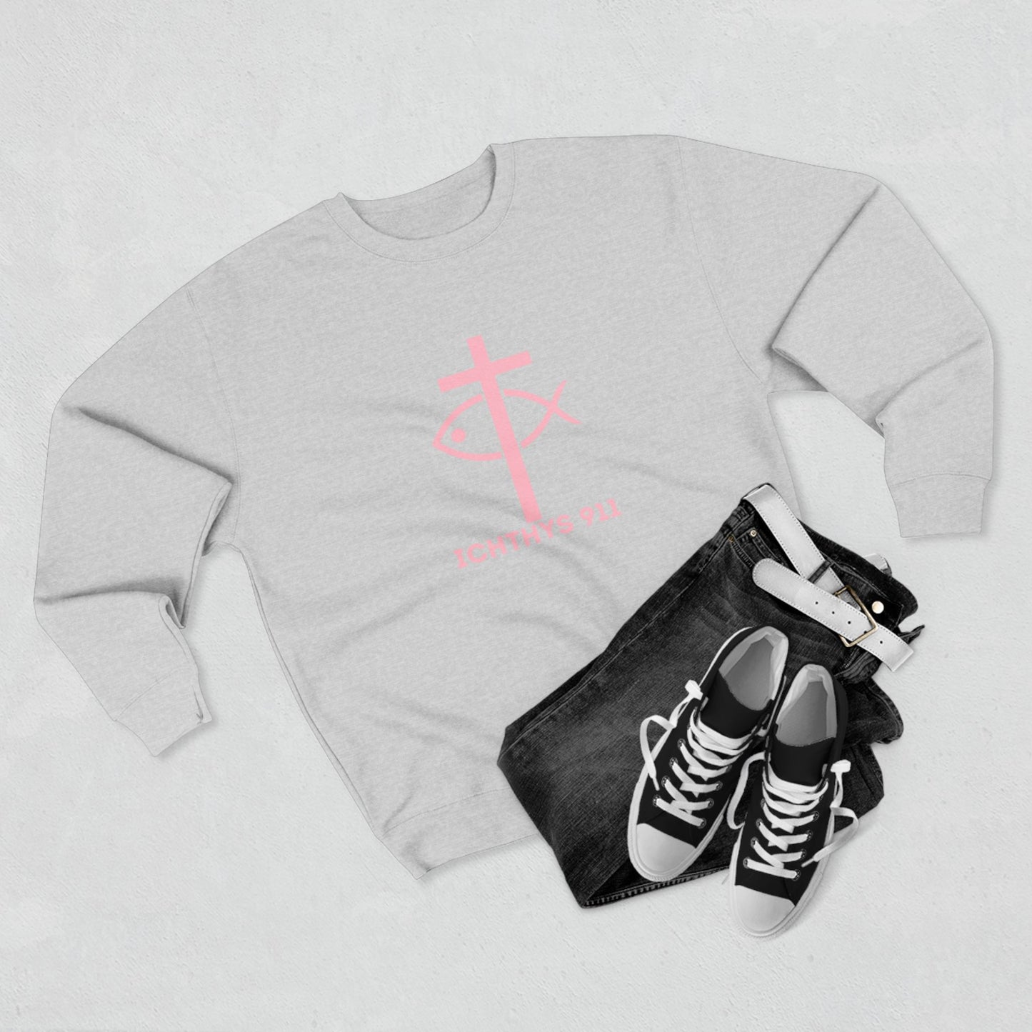 ICHTHYS 911 Minimal Pink Cross Crewneck Sweatshirt — Unisex -