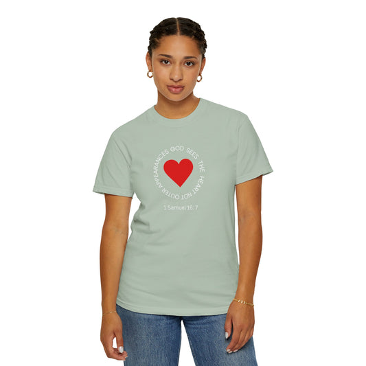 ICHTHYS 911 - "God Sees the Heart" Reverse Design - White Font - Unisex Garment - Dyed T-Shirt - 100% US Cotton - Men T-Shirt - Women T-Shirt - Inspirational Graphic T-Shirt for Everyday Motivation