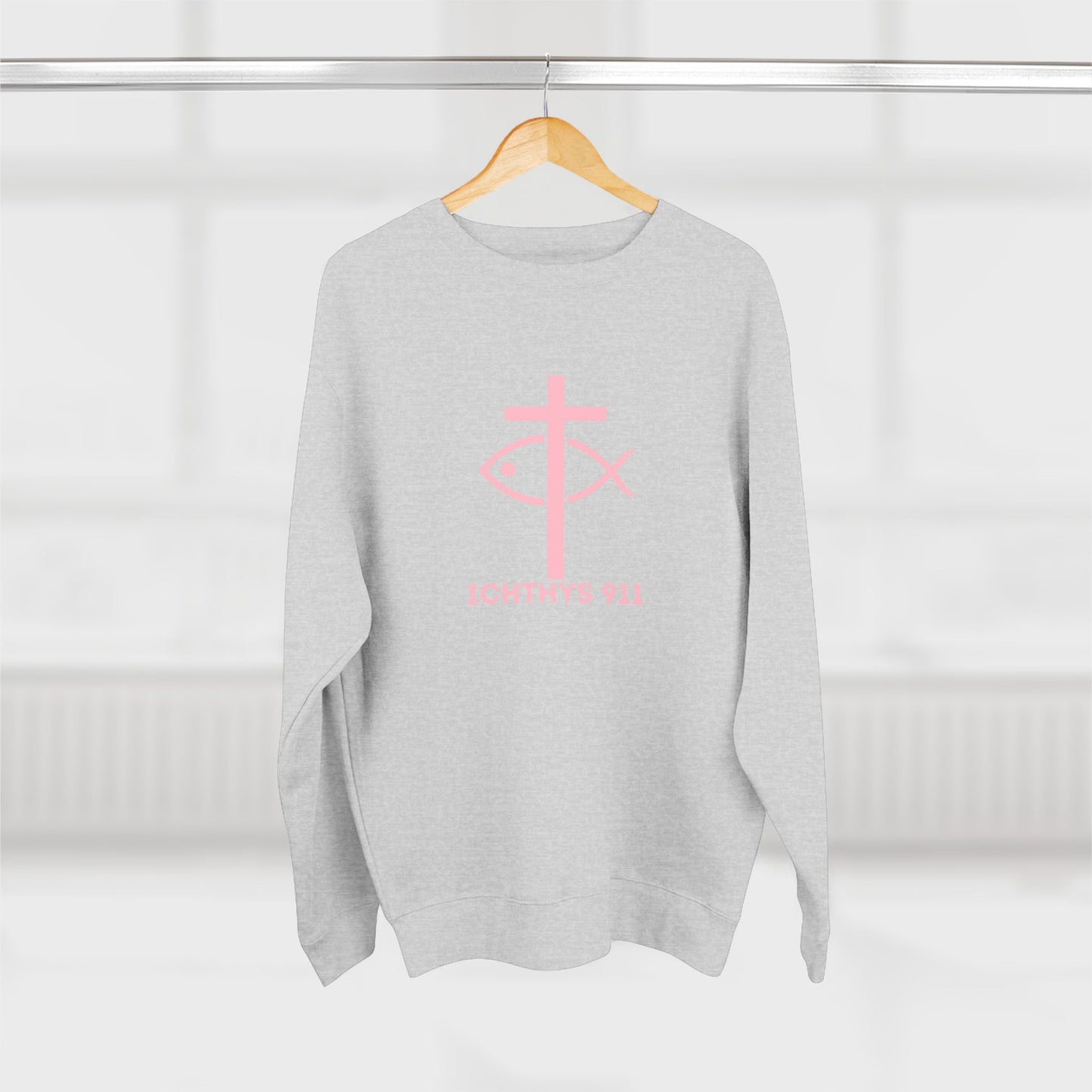 ICHTHYS 911 Minimal Pink Cross Crewneck Sweatshirt — Unisex -