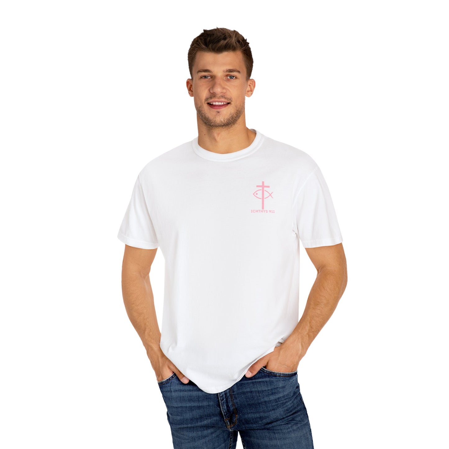 ICHTHYS 911 Pink Font "Badge Collection" - Unisex Garment Dyed T-Shirt 100% US Cotton - Christian Graphic Tee - Gym - T - Christian Faith - Jesus Wear - Women T-Shirt - Men T-Shirt - Garment Dyed