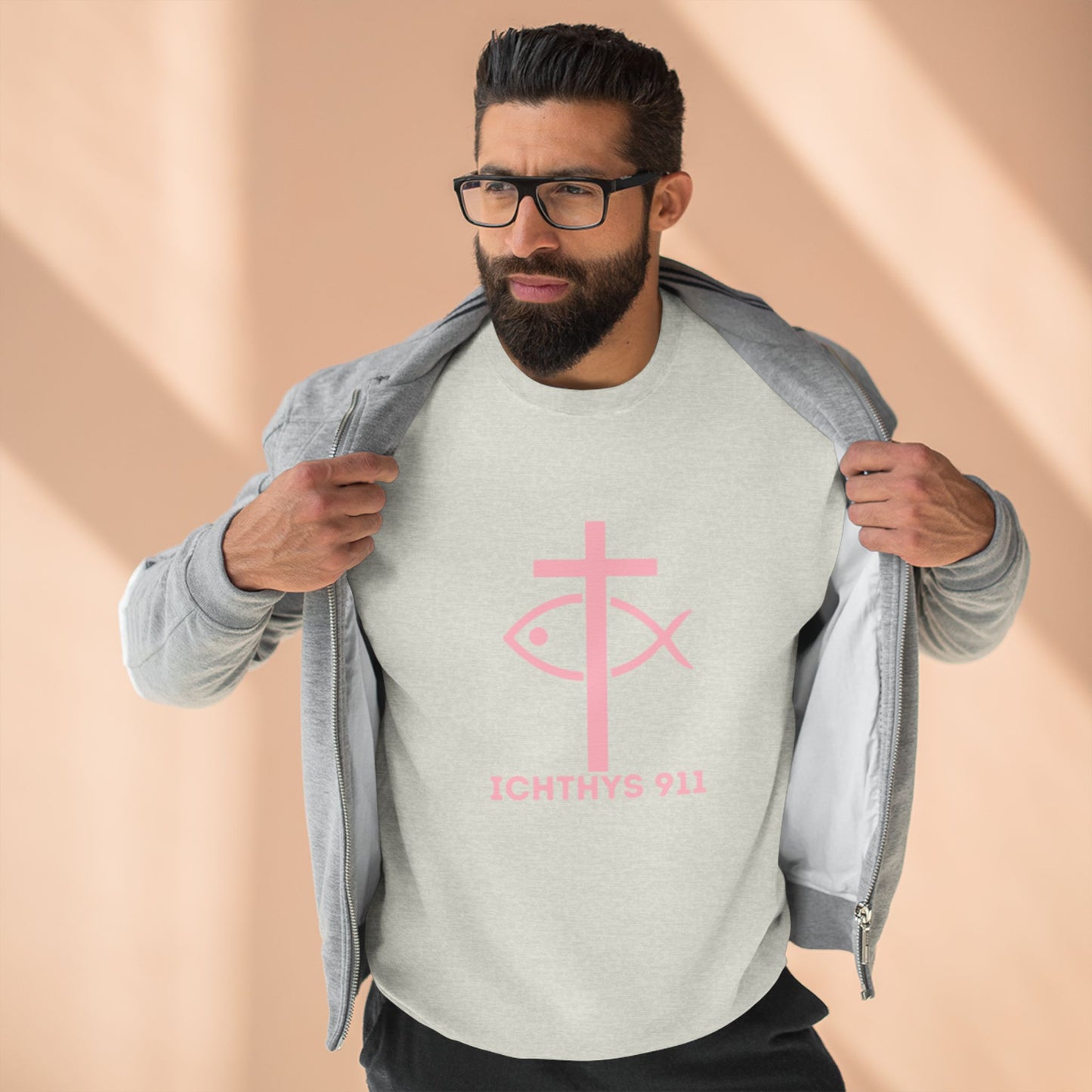 ICHTHYS 911 Minimal Pink Cross Crewneck Sweatshirt — Unisex -