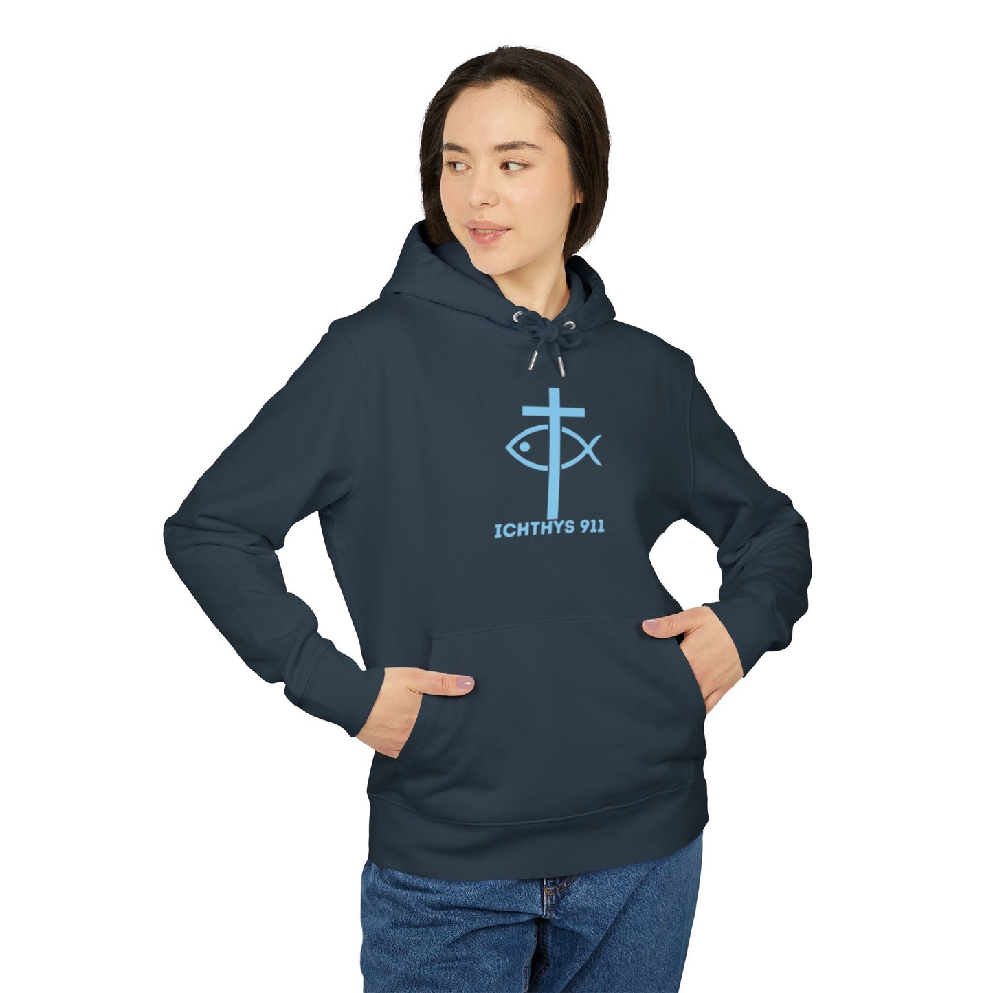 Iēsous Christos, Theou Yios, Sōtēr = Jesus Christ, Son of God, Savior - Unisex - Blue Font - Sweatshirt - ICHTHYS 911 - Hoodie -100% Organic- Heavy