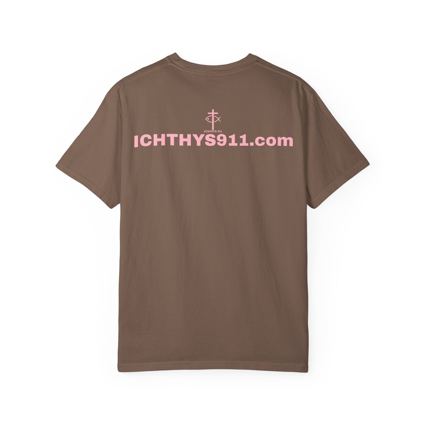 ICHTHYS 911 - Authentic - Christian Streetwear T-Shirt – Jesus Gym & Faith Fashion, Unisex Garment-Dyed T-Shirt Soft Pink Font