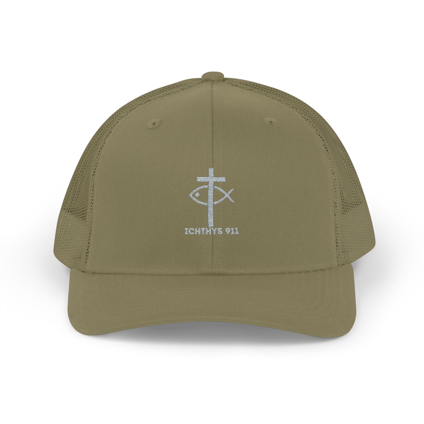 ICHTHYS 911 Embroidered Snapback Trucker Cap - Faith-Inspired Outdoor Hat - Jesus