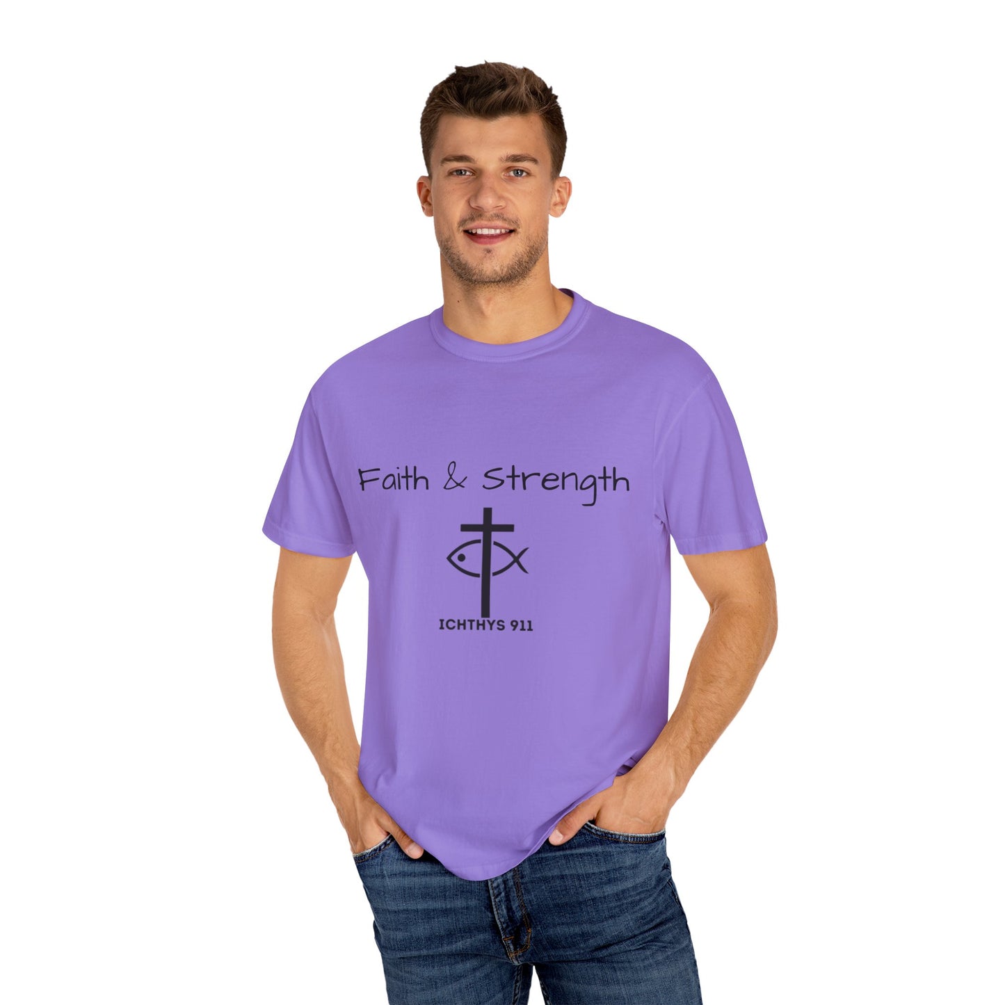 ICHTHYS 911 "Faith & Strength" Reverse - Black Font - Unisex Garment -Dyed Tee - 100% US Cotton - Men T-Shirt - Women T-Shirt - Inspirational Christian Shirt - Very Good Quality and Feel