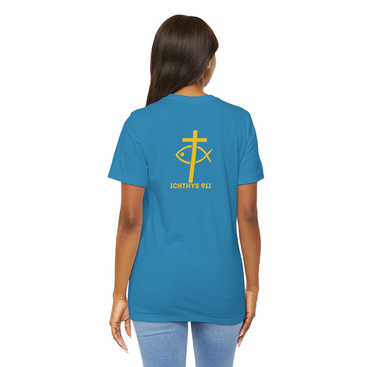 ICHTHYS 911 - "Roll With God Love Like Jesus" - Reverse Design - Unisex T- Shirt - Lightweight 100% Cotton - Summer T - Arm Form Fitting - Men T- Shirt - Women T-Shirt - Christian T-Shirt - Love Like Jesus