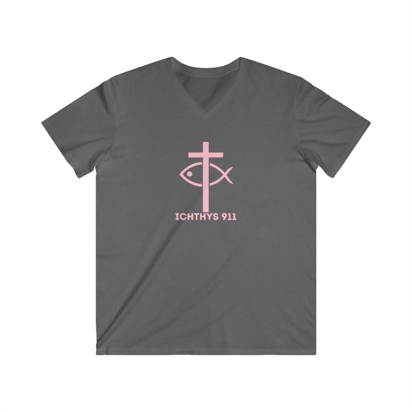 Authentic Collection - Men's Fitted V-Neck Short Sleeve T - Shirt - Faith-Inspired - Christian Faith - Light Pink Font - ICHTHYS 911 -