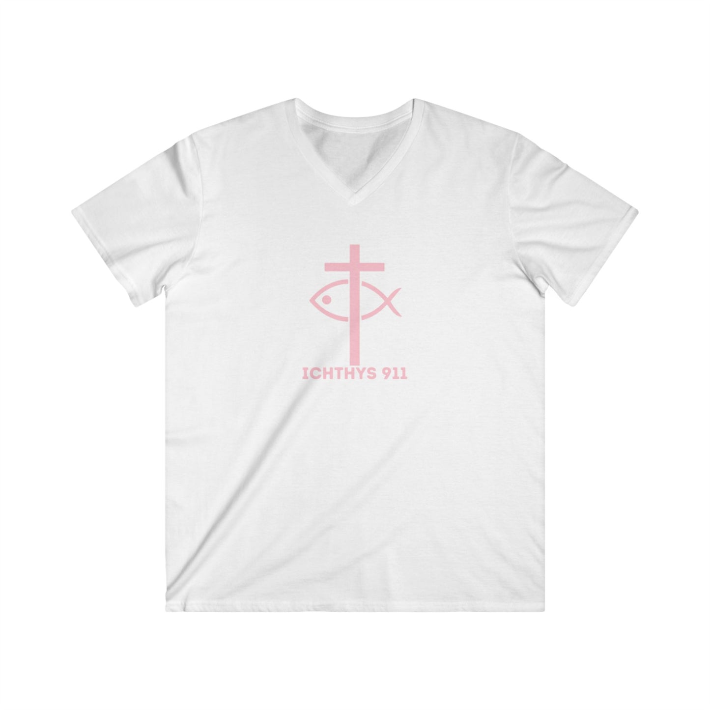 Authentic Collection - Men's Fitted V-Neck Short Sleeve T - Shirt - Faith-Inspired - Christian Faith - Light Pink Font - ICHTHYS 911 -