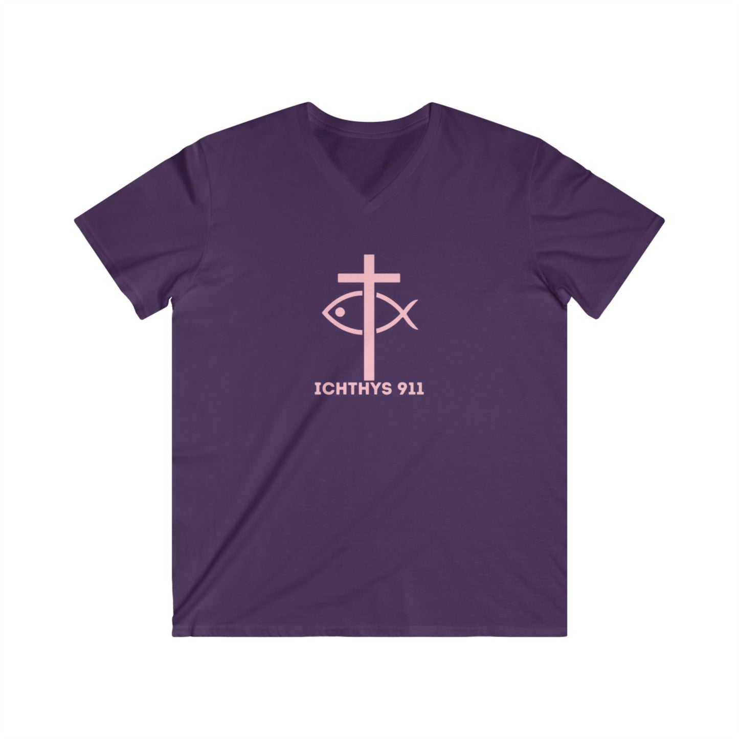 Authentic Collection - Men's Fitted V-Neck Short Sleeve T - Shirt - Faith-Inspired - Christian Faith - Light Pink Font - ICHTHYS 911 -