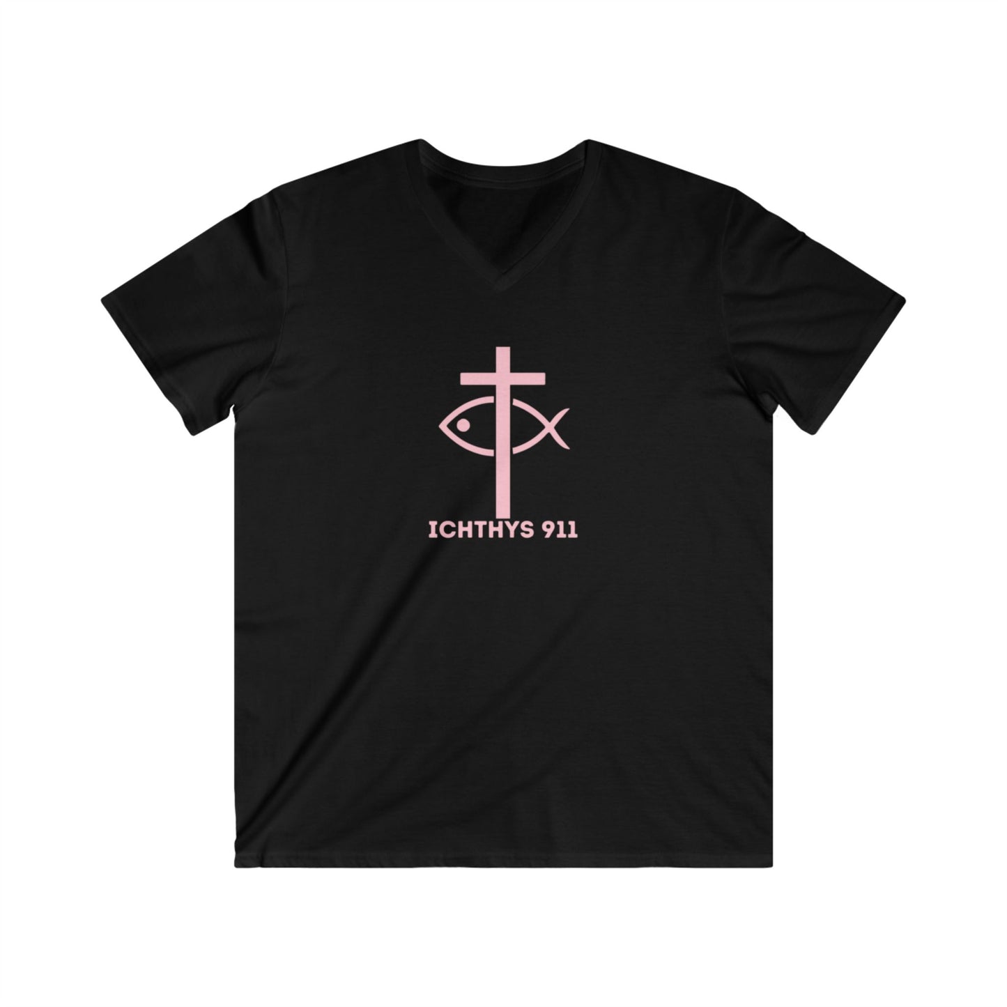 Authentic Collection - Men's Fitted V-Neck Short Sleeve T - Shirt - Faith-Inspired - Christian Faith - Light Pink Font - ICHTHYS 911 -