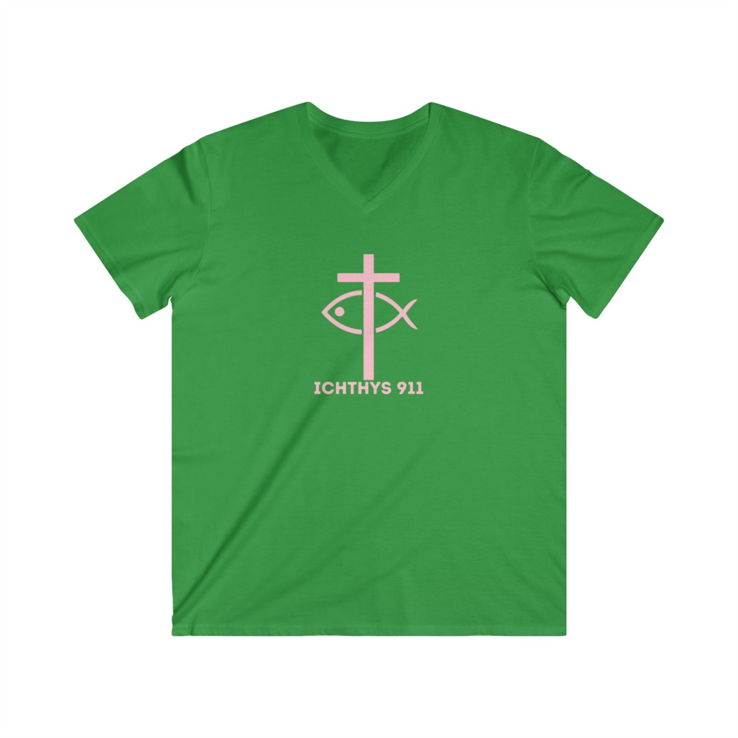 Authentic Collection - Men's Fitted V-Neck Short Sleeve T - Shirt - Faith-Inspired - Christian Faith - Light Pink Font - ICHTHYS 911 -
