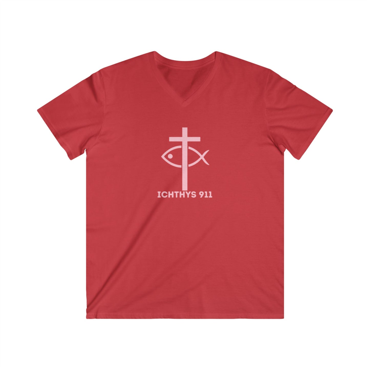 Authentic Collection - Men's Fitted V-Neck Short Sleeve T - Shirt - Faith-Inspired - Christian Faith - Light Pink Font - ICHTHYS 911 -