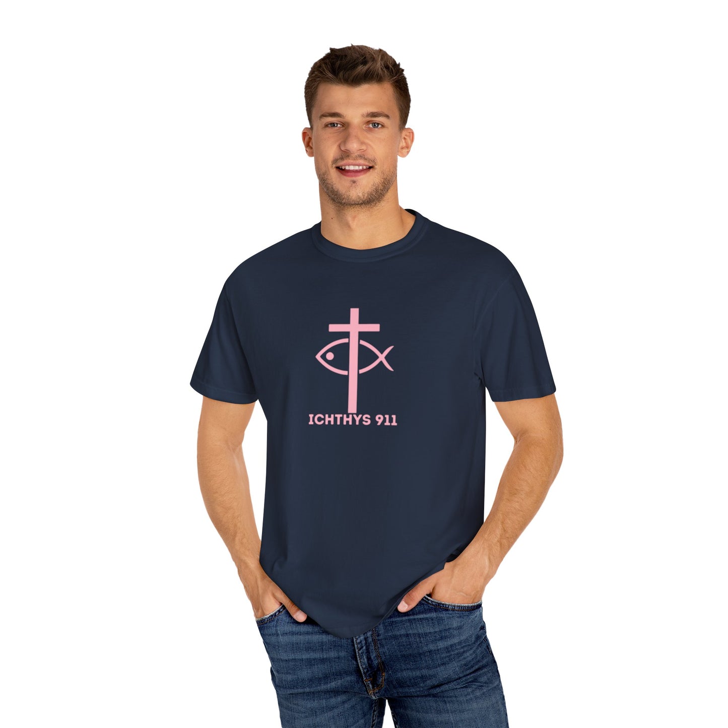 ICHTHYS 911 - Authentic - Christian Streetwear T-Shirt / Sweatshirt – Jesus Gym & Faith Fashion, Unisex Garment-Dyed T-Shirt Soft Pink Font