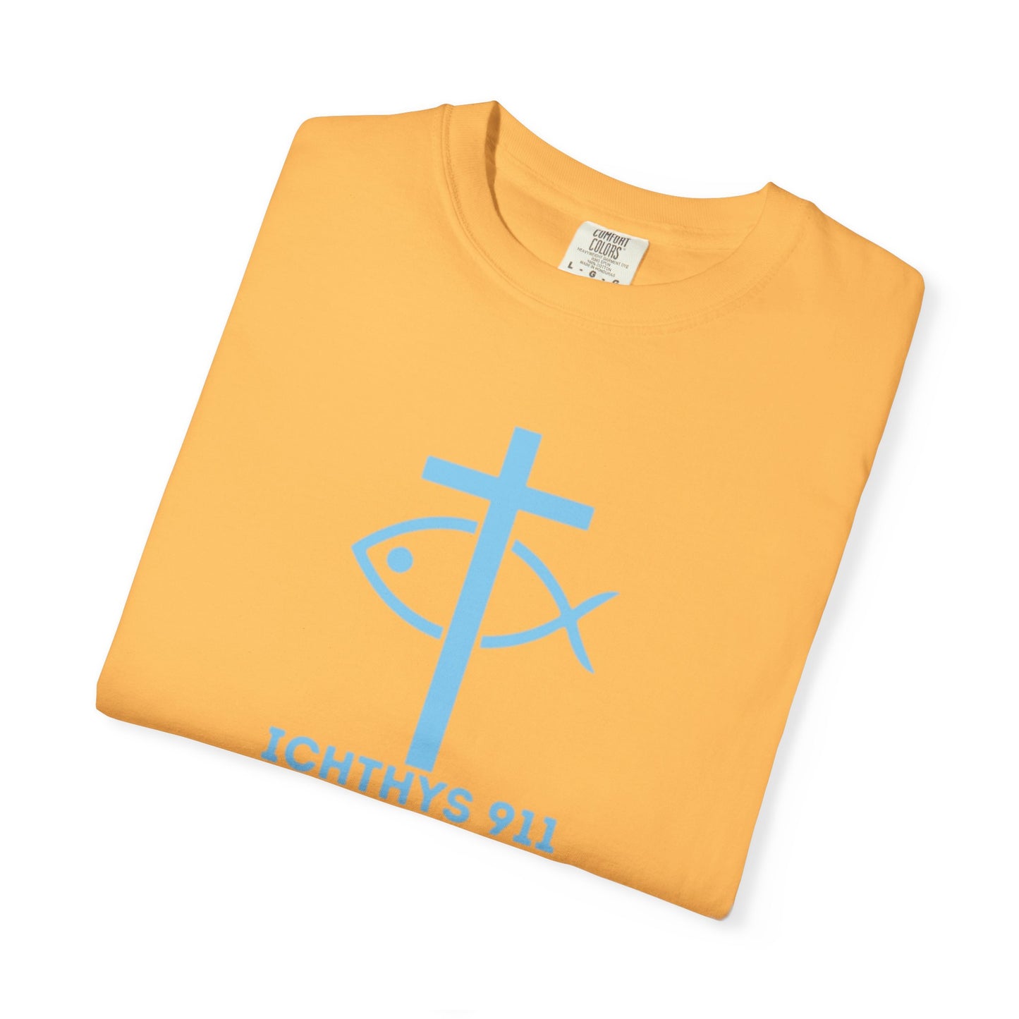 Iēsous Christos, Theou Yios, Sōtēr - Blue Font - Garment-Dyed Unisex T-Shirt - Men T-Shirt - Women T-Shirt - Christian Symbol - Greek - Faith Inspired -Christian Streetwear – Jesus Gym & Faith Fashion, Unisex Garment -ICHTHYS 911 - Additional Colors