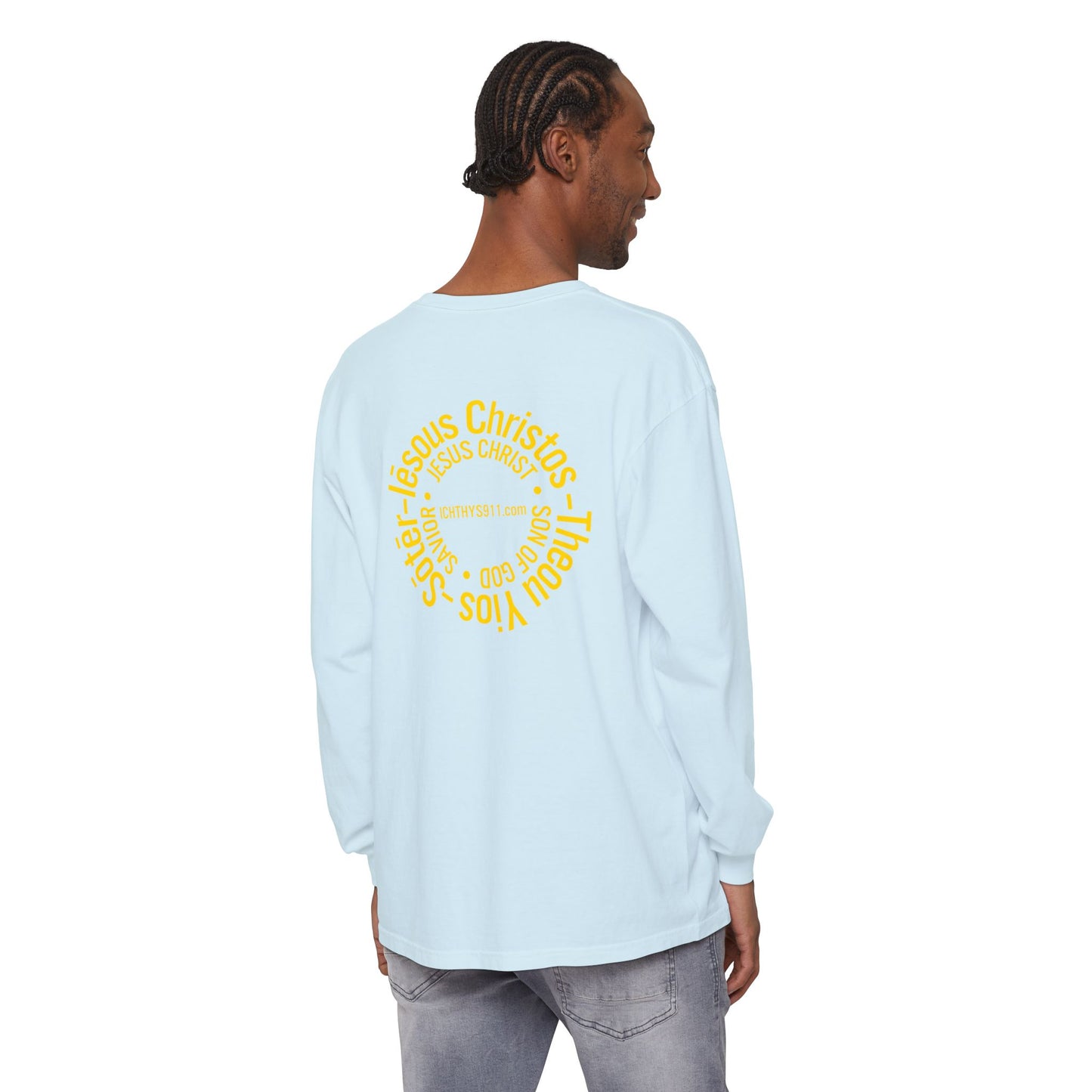 Authentic ICHTHYS 911 Collection -  Gold Font - Unisex Garment Dyed Long Sleeve T-Shirt - Men Long Sleeve - Women Long Sleeve - Christian Faith Symbol Tee - Faith Inspired