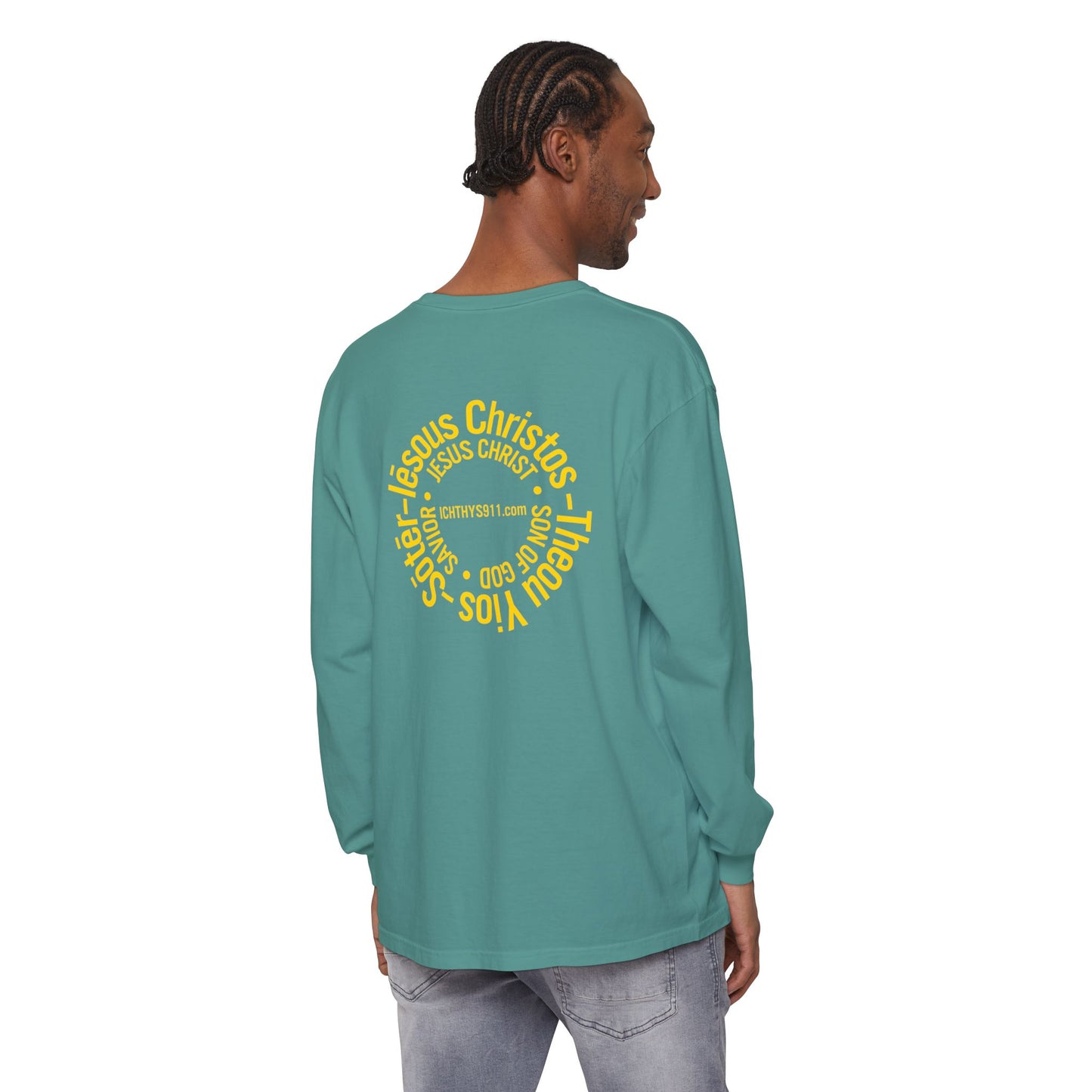 Authentic ICHTHYS 911 Collection -  Gold Font - Unisex Garment Dyed Long Sleeve T-Shirt - Men Long Sleeve - Women Long Sleeve - Christian Faith Symbol Tee - Faith Inspired