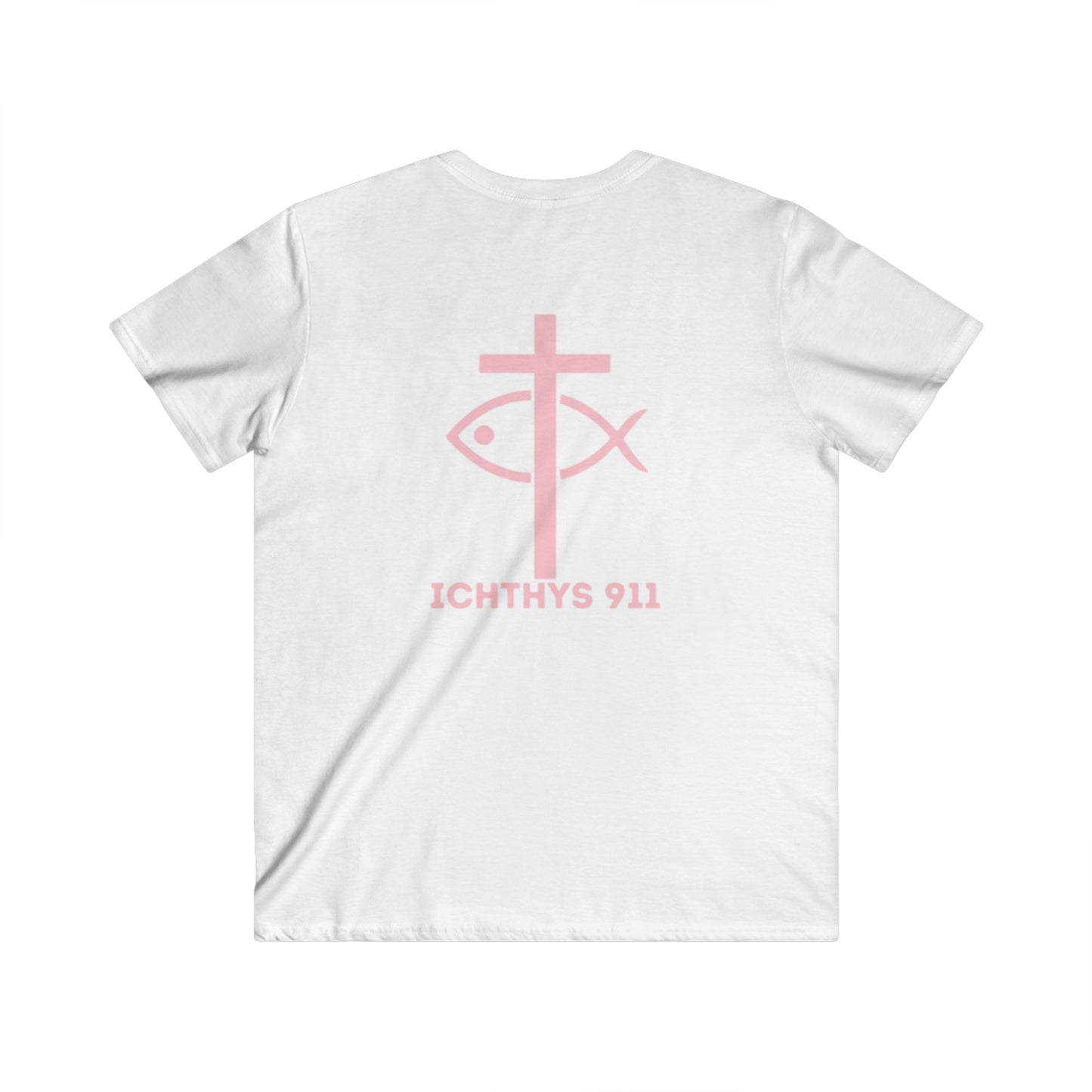 ICHTHYS 911 - Authentic Round Collection - Men's Fitted V-Neck Short Sleeve T - Shirt - Faith-Inspired - Christian Faith - Pink Font