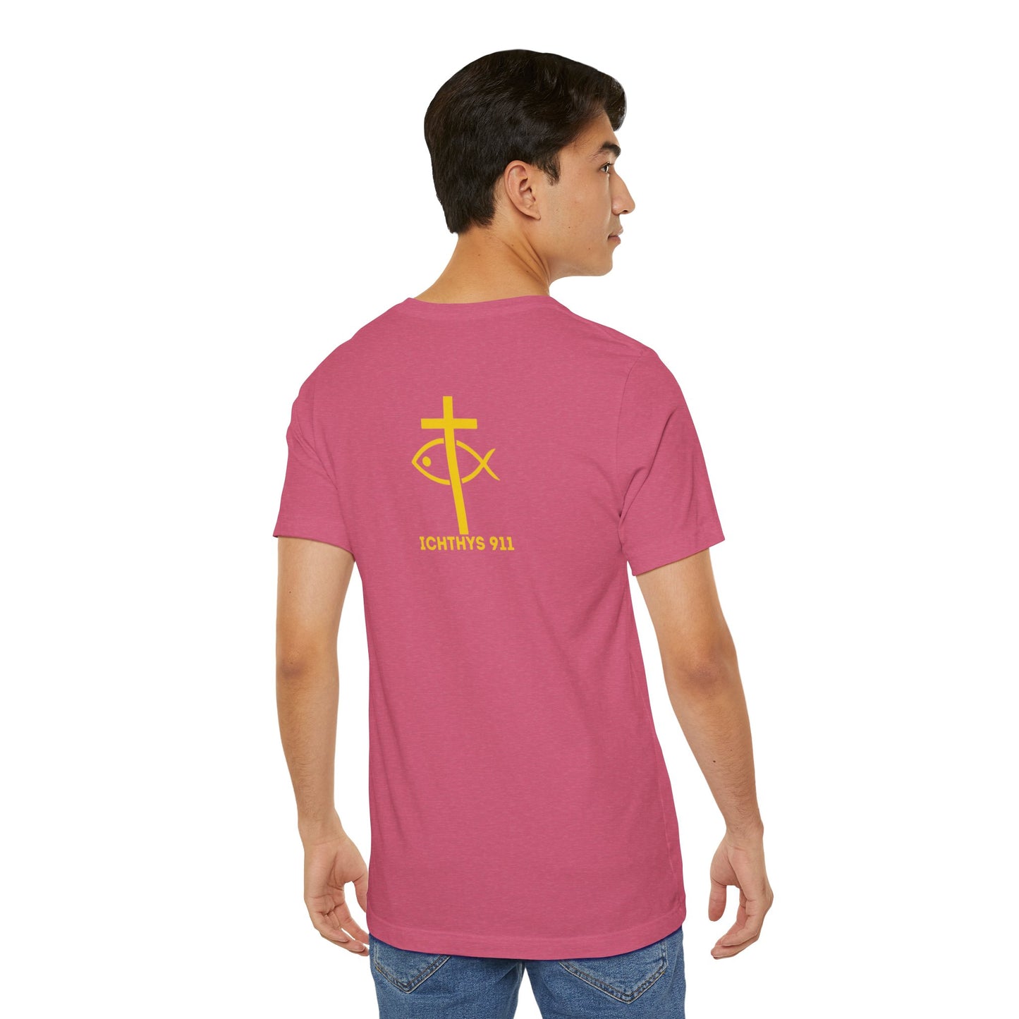 ICHTHYS 911 - "Roll With God Love Like Jesus" - Reverse Design - Unisex T- Shirt - Lightweight 100% Cotton - Summer T - Arm Form Fitting - Men T- Shirt - Women T-Shirt - Christian T-Shirt - Love Like Jesus