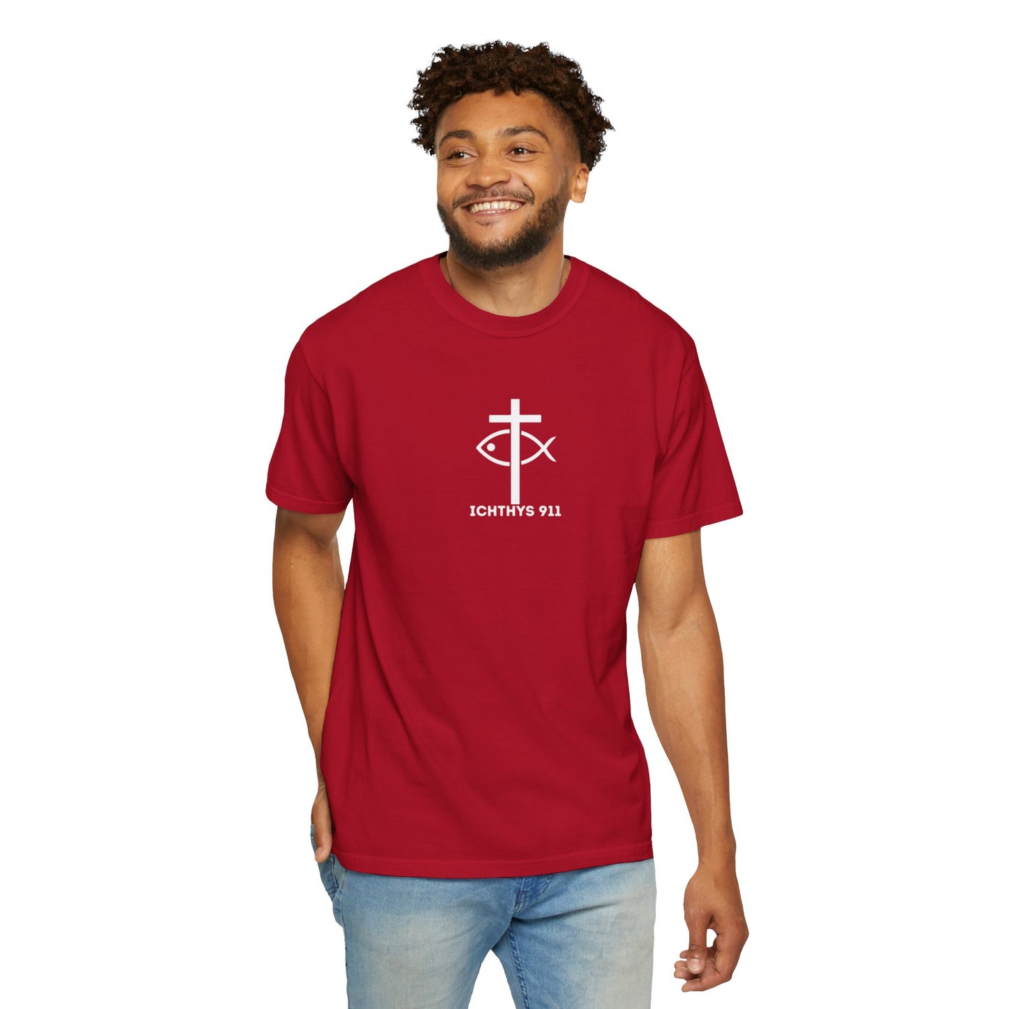 ICHTHYS 911 - White Font "Authentic" - Christian Streetwear T-Shirt – Unisex - Women T-Shirt - Men T-Shirt - Jesus Gym & Faith Fashion, Unisex Garment-Dyed T-Shirt