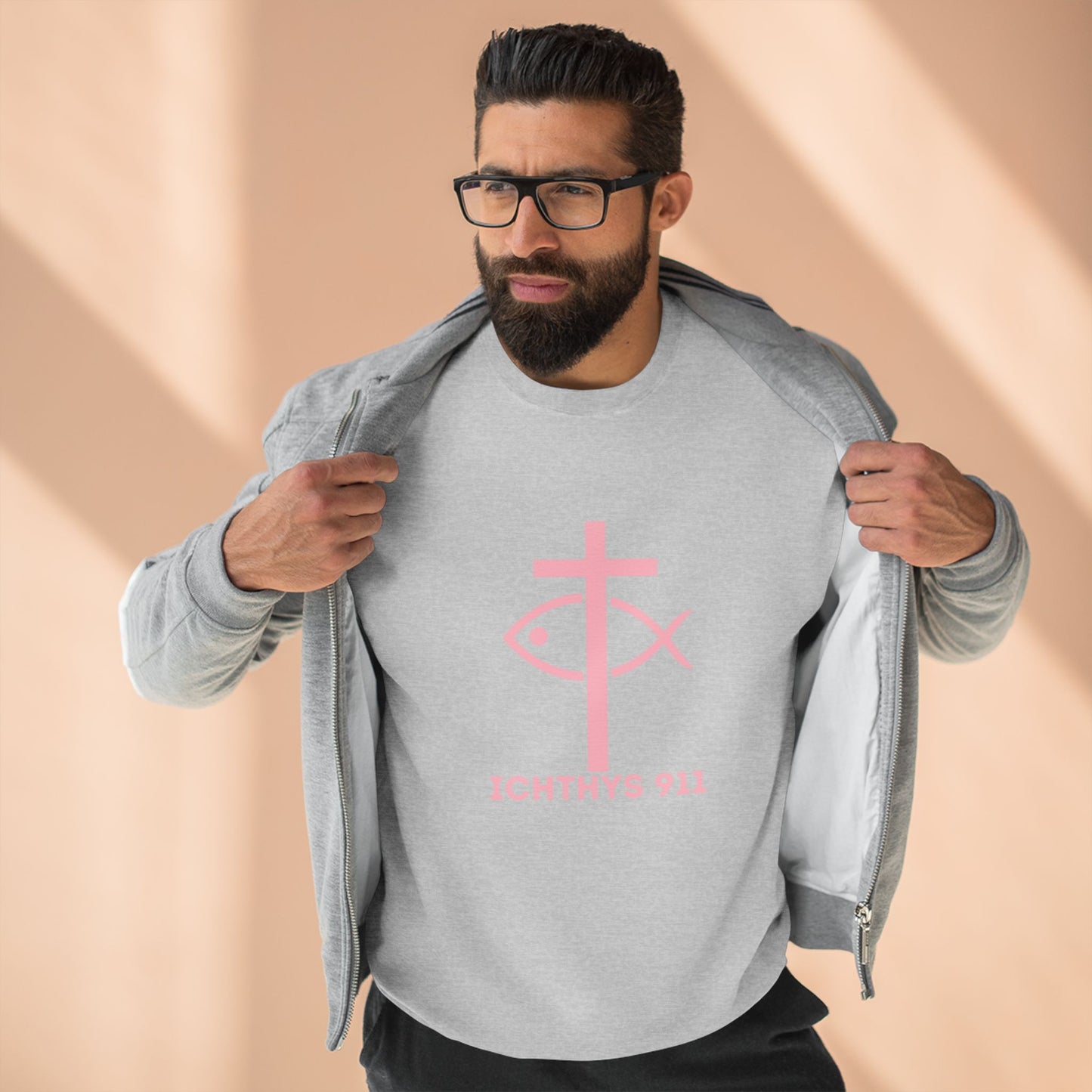 ICHTHYS 911 Minimal Pink Cross Crewneck Sweatshirt — Unisex -