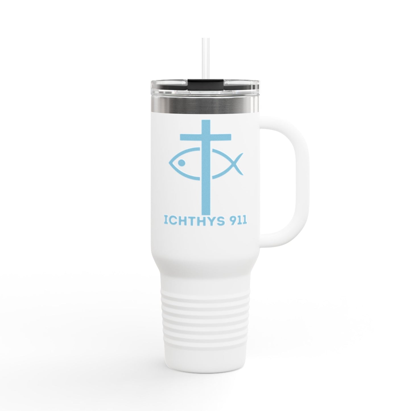 Faith-Inspired Insulated Travel Mug - 40oz with ICHTYS 911 Design