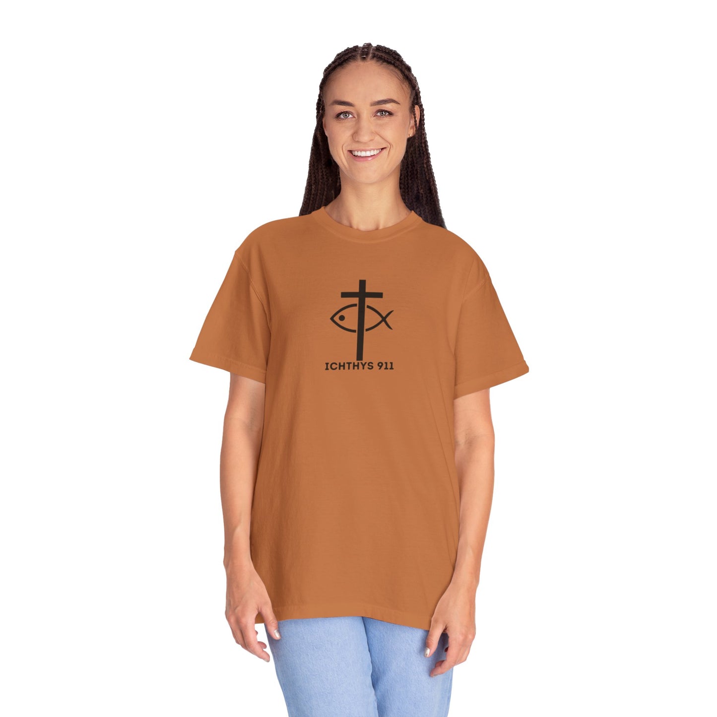 ICHTHYS 911 - Black Font - Additional Flavors - "Faith & Strength" - Unisex  - Garment Dyed -100% US Cotton -Short Sleeve Tee - Inspirational Graphic T-Shirt for Everyday Motivation - Women T-Shirt - Soft T