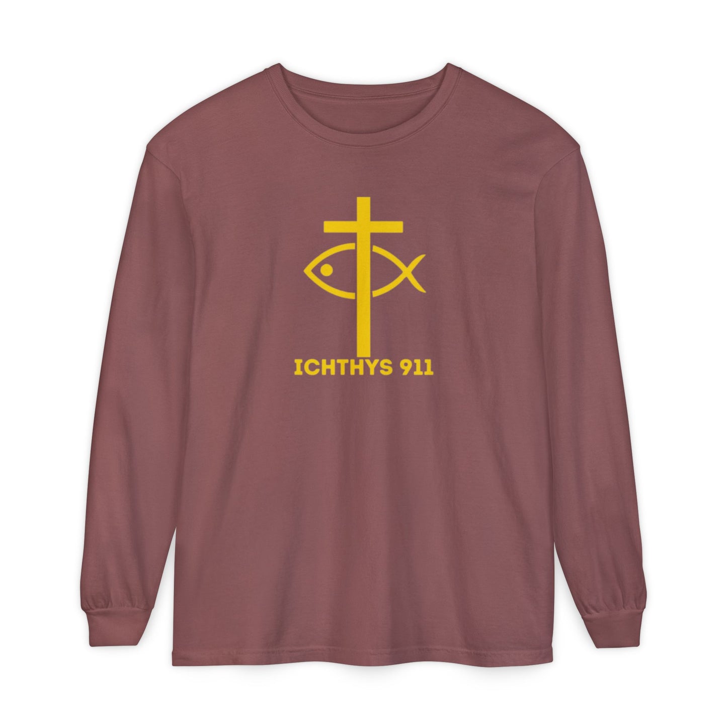 Authentic ICHTHYS 911 Collection -  Gold Font - Unisex Garment Dyed Long Sleeve T-Shirt - Men Long Sleeve - Women Long Sleeve - Christian Faith Symbol Tee - Faith Inspired