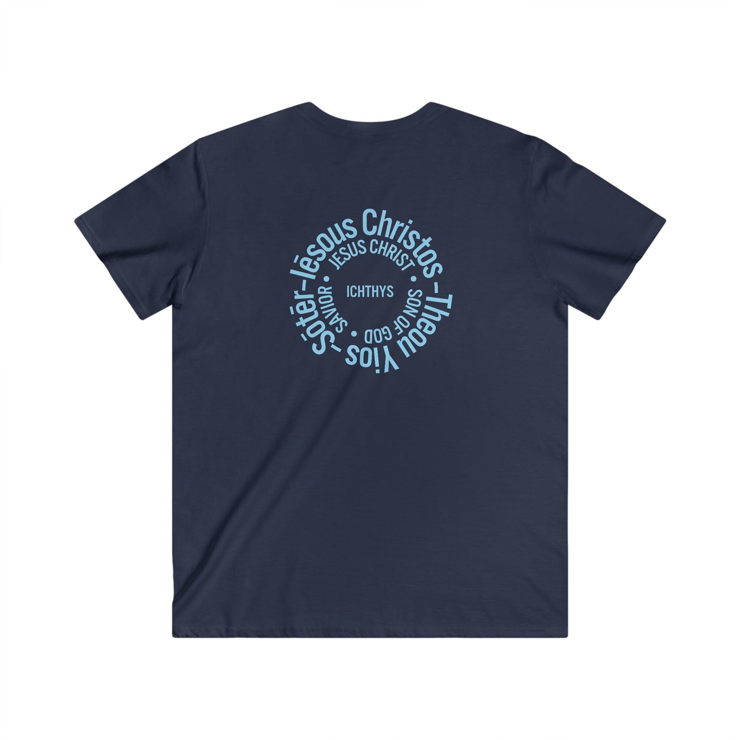 ICHTHYS 911 - Blue Font - "Iēsous Christos, Theou Yios, Sōtēr" - Men's Fitted V-Neck Tee with Inspirational Design - Perfect for Faith and Casual Wear