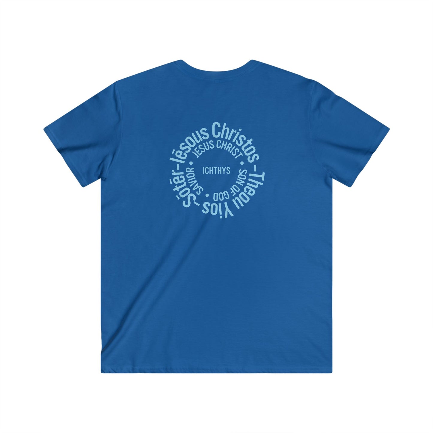 ICHTHYS 911 - Blue Font - "Iēsous Christos, Theou Yios, Sōtēr" - Men's Fitted V-Neck Tee with Inspirational Design - Perfect for Faith and Casual Wear
