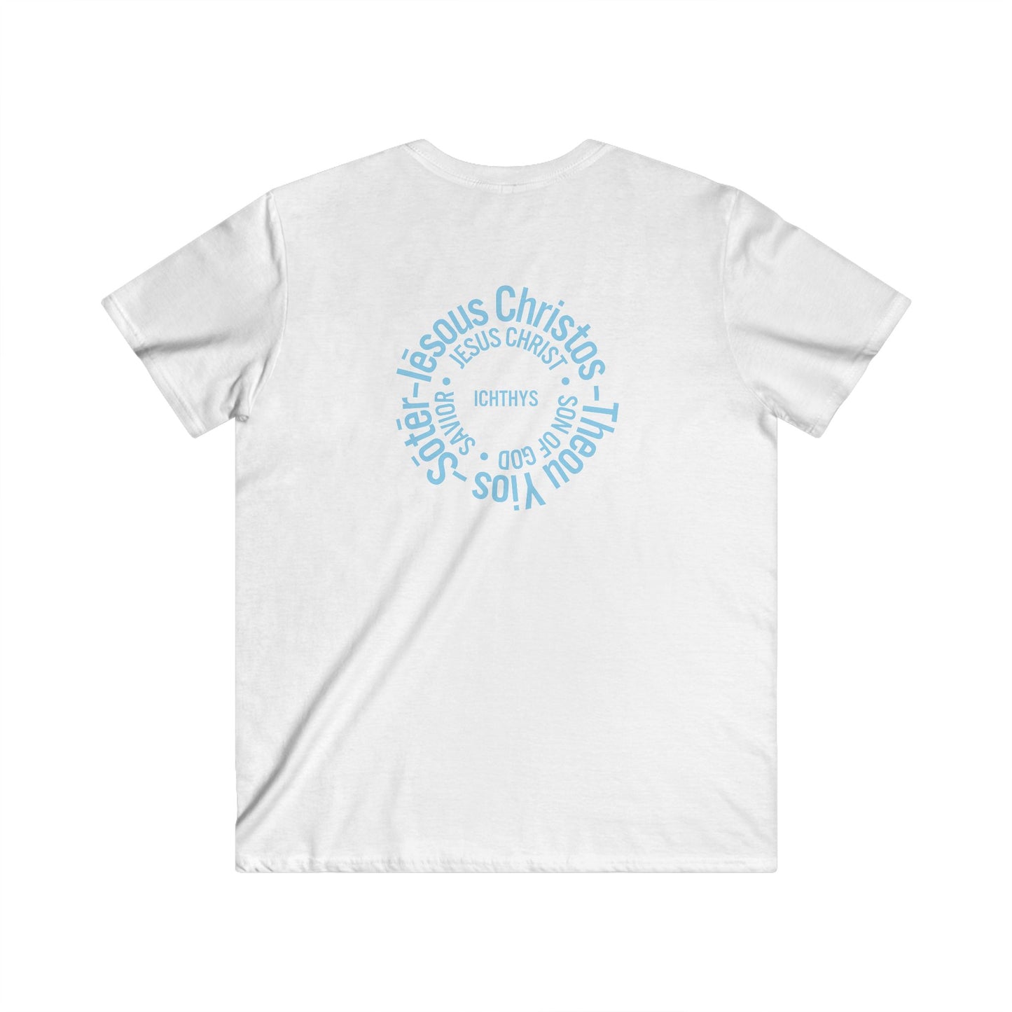 ICHTHYS 911 - Blue Font - "Iēsous Christos, Theou Yios, Sōtēr" - Men's Fitted V-Neck Tee with Inspirational Design - Perfect for Faith and Casual Wear
