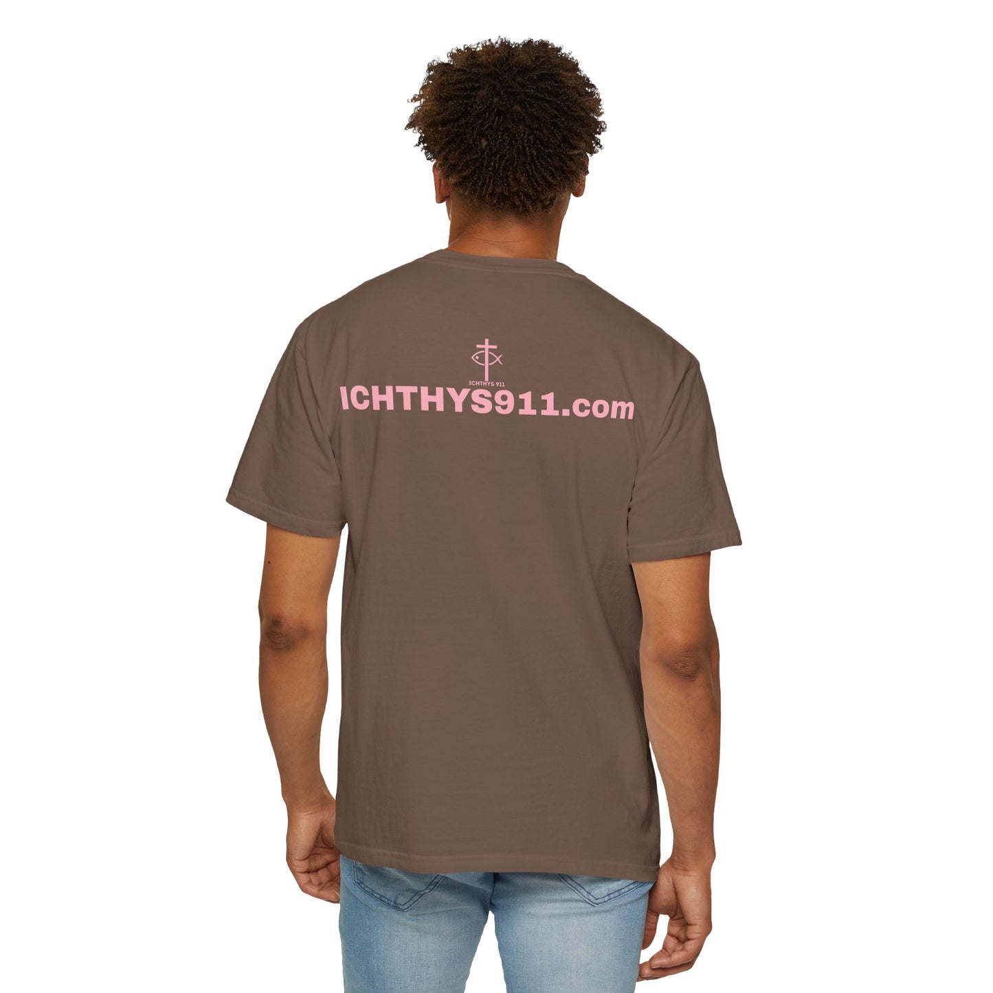 ICHTHYS 911 - Authentic - Christian Streetwear T-Shirt – Jesus Gym & Faith Fashion, Unisex Garment-Dyed T-Shirt Soft Pink Font