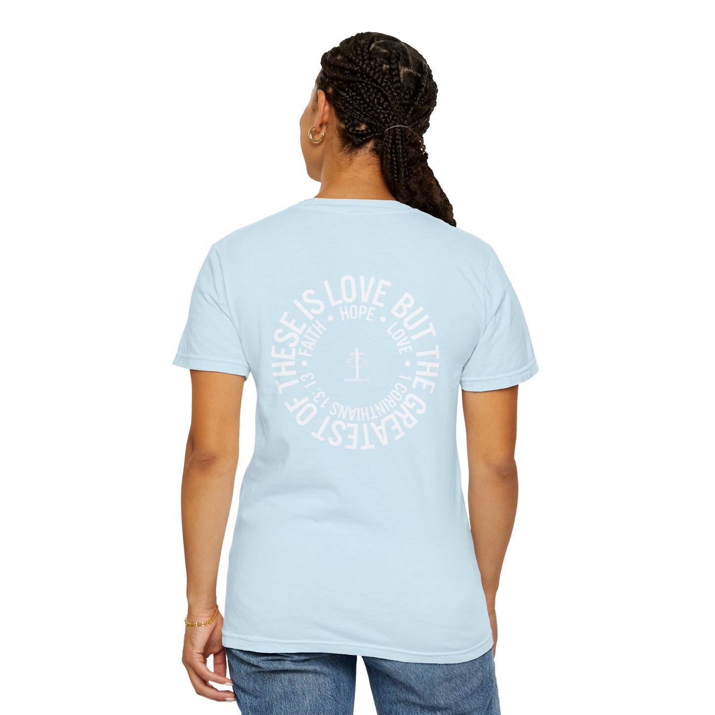 ICHTHYS 911 - White Font "Faith, Hope, & Love" - Garment Dyed - 100% US Cotton - Unisex T-Shirt - Men T-Shirt - Christian Women Tee - Faith-Inspired Shirt - Christian Fashion - Wear Your Faith - Additional Colors
