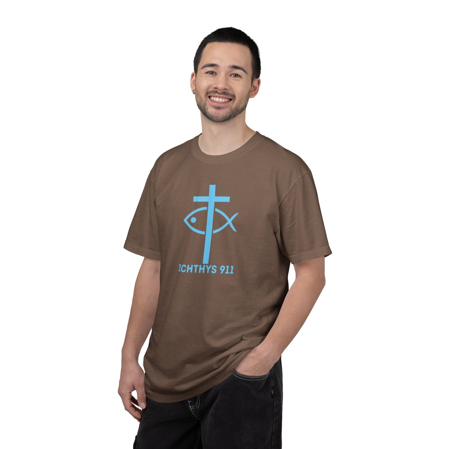 Authentic - Christian Streetwear T-Shirt – Jesus Gym & Faith Fashion, Unisex Garment-Dyed T-Shirt Blue Font - ICHTHYS 911