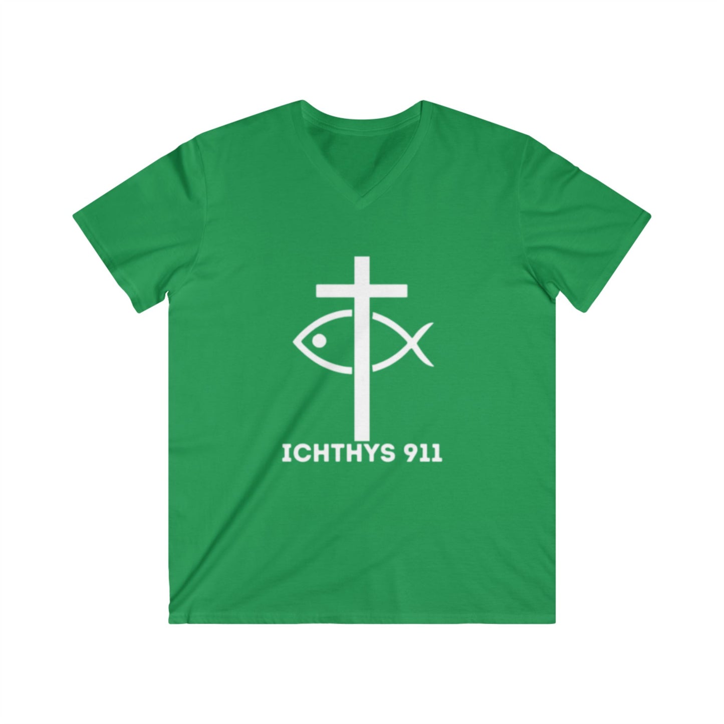 ICHTHYS 911 - Jesus Christ - Son of God - Savior Collection - Reverse Logo - Men's Fitted V-Neck Short Sleeve T - Shirt - Faith-Inspired - Christian Faith - White Font