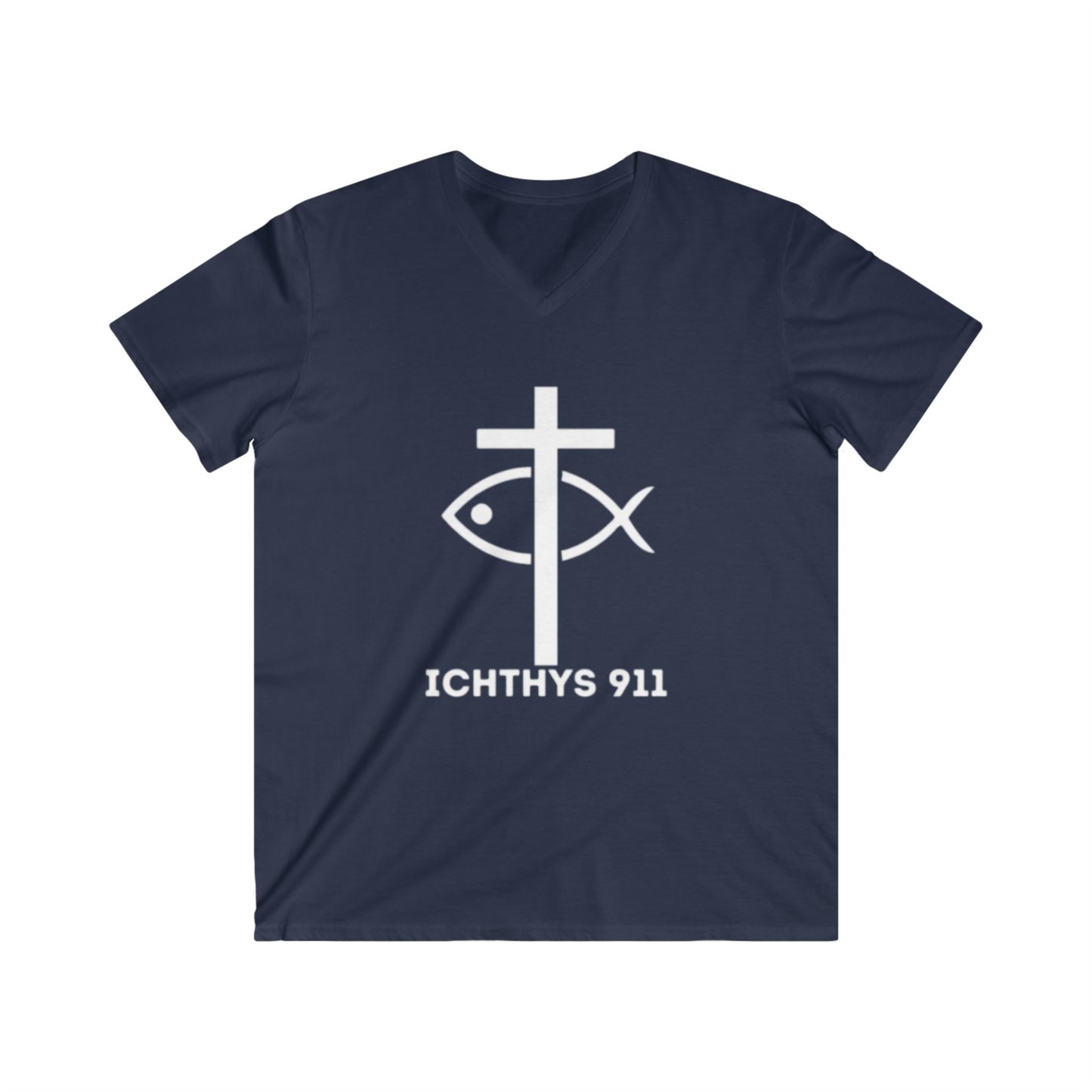 ICHTHYS 911 - Jesus Christ - Son of God - Savior Collection - Reverse Logo - Men's Fitted V-Neck Short Sleeve T - Shirt - Faith-Inspired - Christian Faith - White Font