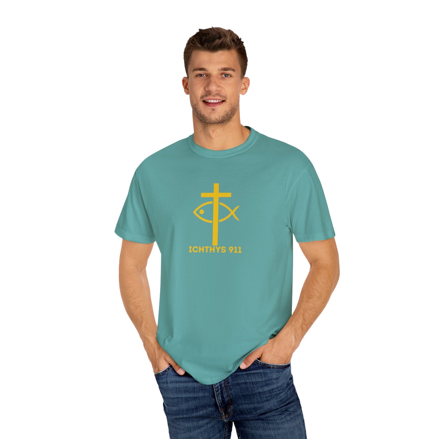 ICHTHYS 911 Gold Font "Faith, Hope, & Love" - Unisex Garment Dyed T-Shirt - 100# US Cotton - Men T-Shirt - Women T-Shirt - Christian T- Shirt -Faith-Inspired Shirt - Christian Fashion - Wear Your Faith