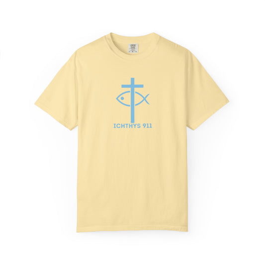 Iēsous Christos, Theou Yios, Sōtēr - Blue Font - Garment-Dyed Unisex T-Shirt - 100# US Cotton -Men T-Shirt - Women T-Shirt - Faith Inspired - Unisex Garment - ICHTHYS 911 - Blue Font - Heavy Duty Shirt