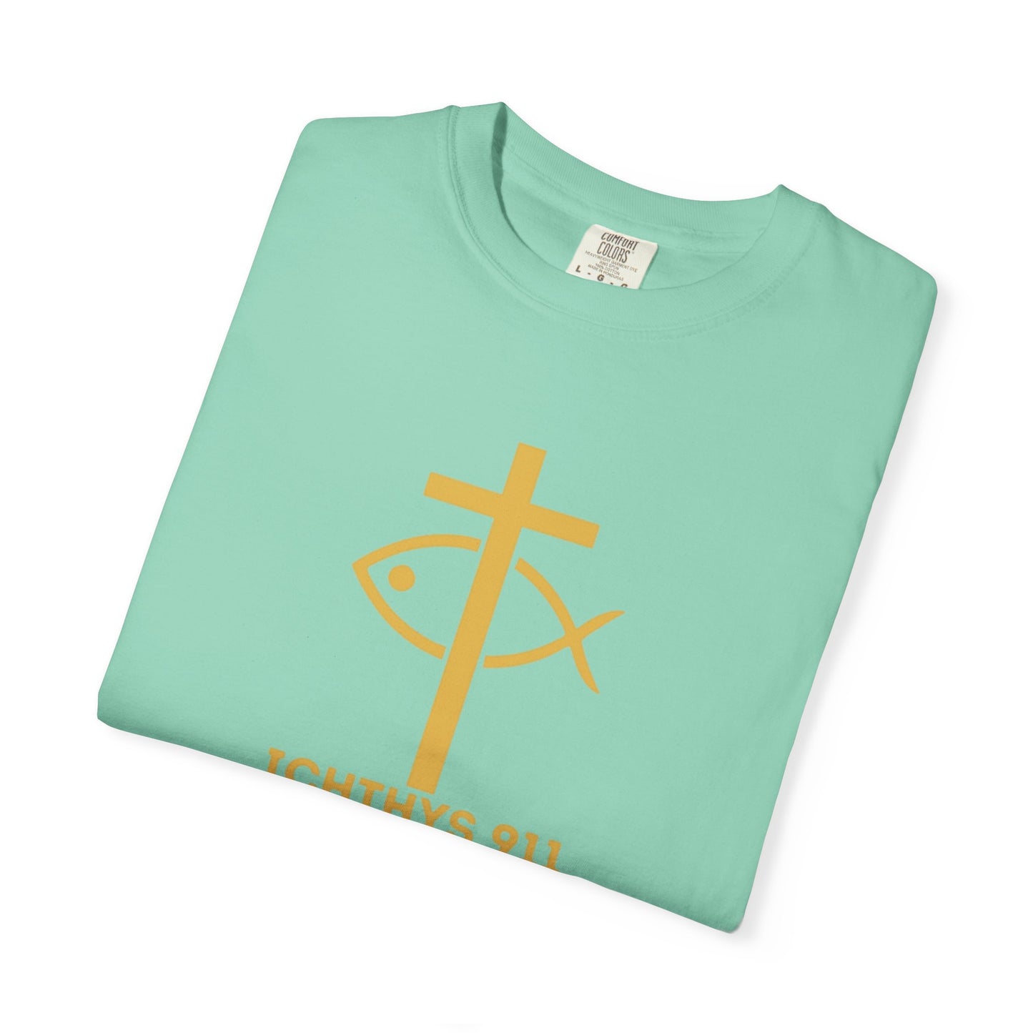 Iēsous Christos, Theou Yios, Sōtēr = Jesus Christ, Son of God, Savior - Gold Font - Unisex Garment Dyed T- Shirt - Men T-Shirt - Women T-Shirt - Christian Streetwear T-Shirt – Jesus Gym & Faith Fashion,ICHTHYS 911 -