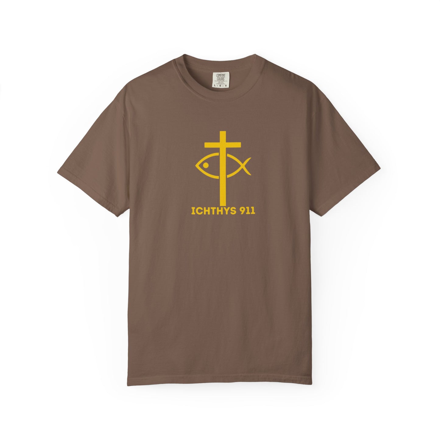 ICHTHYS 911 Gold Font "Faith, Hope, & Love" - Unisex Garment Dyed T-Shirt - 100# US Cotton - Men T-Shirt - Women T-Shirt - Christian T- Shirt -Faith-Inspired Shirt - Christian Fashion - Wear Your Faith