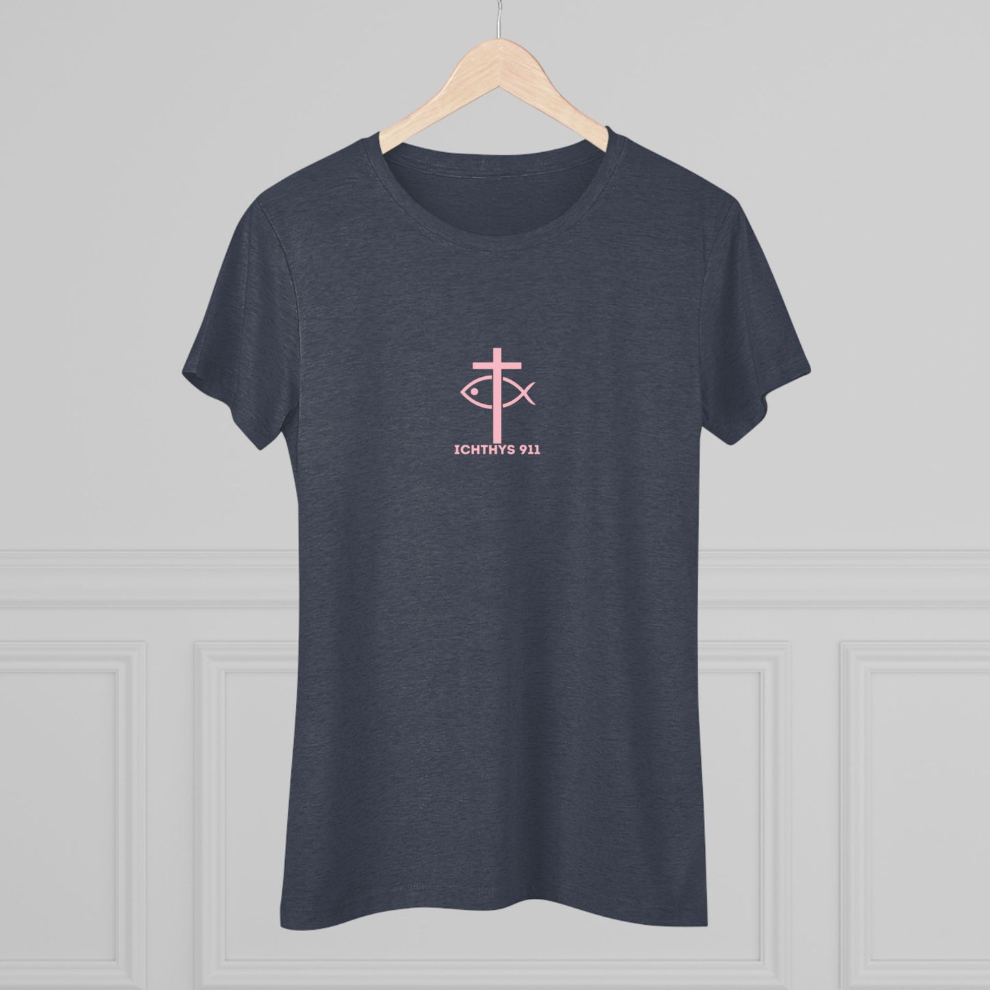 ICHTHYS 911 "IC Round Collection" Pink Font - Inspirational Women's Triblend Tee - Women T-Shirt - 50% polyester, 25% cotton, 25% ryaon