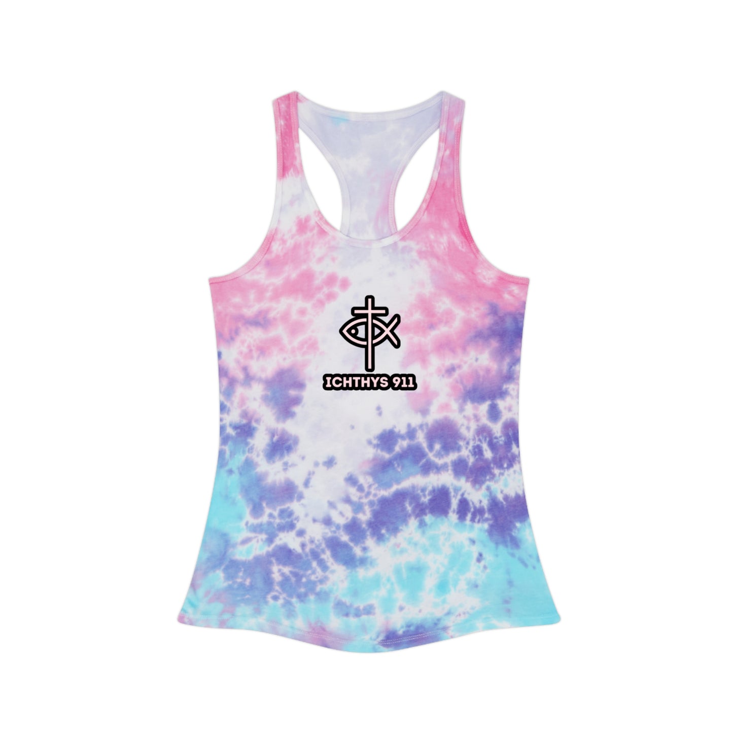 Women Tie Dye Tank Top - ICHTHYS 911 Summer Vibes Racerback Shirt. Be bold in your walk. Be known by your faith. Represent the movement.