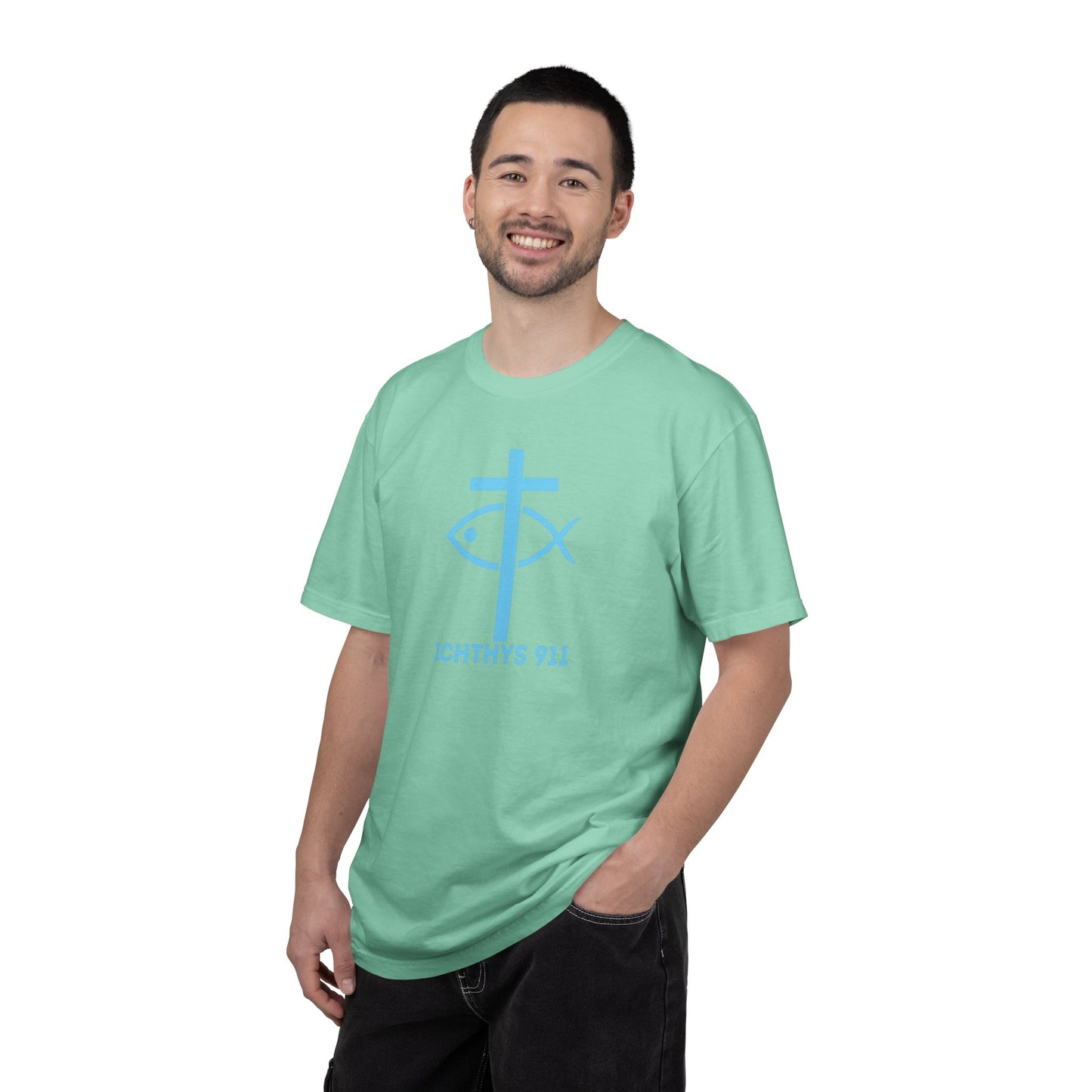 Authentic - Christian Streetwear T-Shirt – Jesus Gym & Faith Fashion, Unisex Garment-Dyed T-Shirt Blue Font - ICHTHYS 911