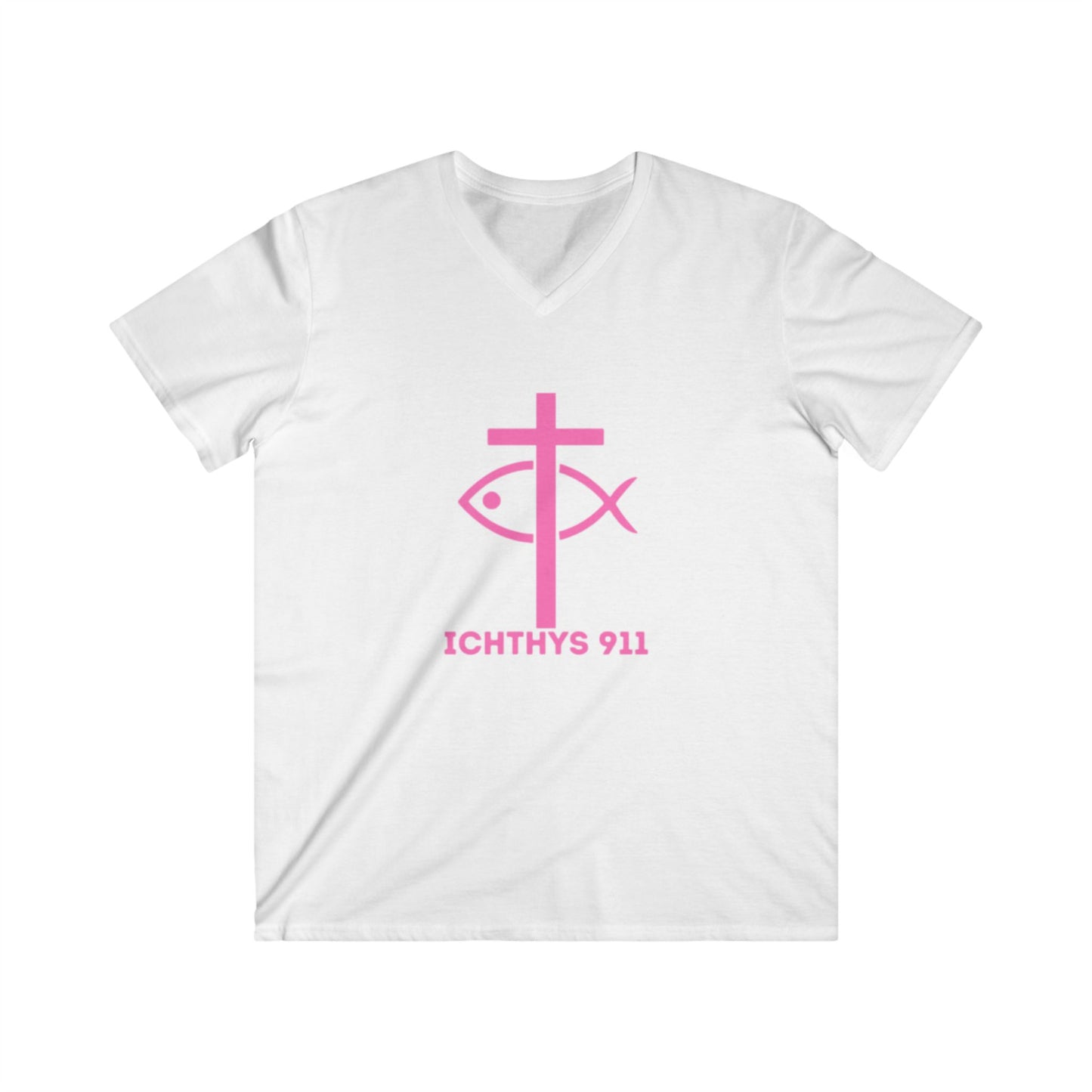 ICHTHYS 911 - Featuring "13th Disciple" Collection - Men's Fitted V-Neck Short Sleeve T - Shirt - W/O IC 911 on Back - Faith-Inspired - Christian Faith - Pink Font